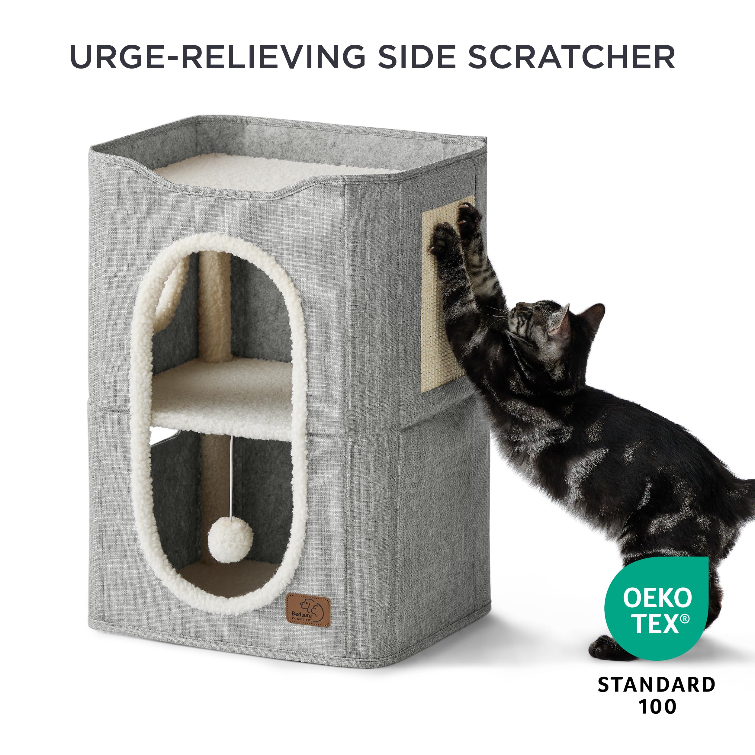 Bedsure 2-Level Cat House For Indoor Cats - Small Cat Towers With Scratch Pad And Hideaway Condo, Cat Cave Bed Furniture For Multi Pets And Large Cats, 18X14X23 Inches, Grey