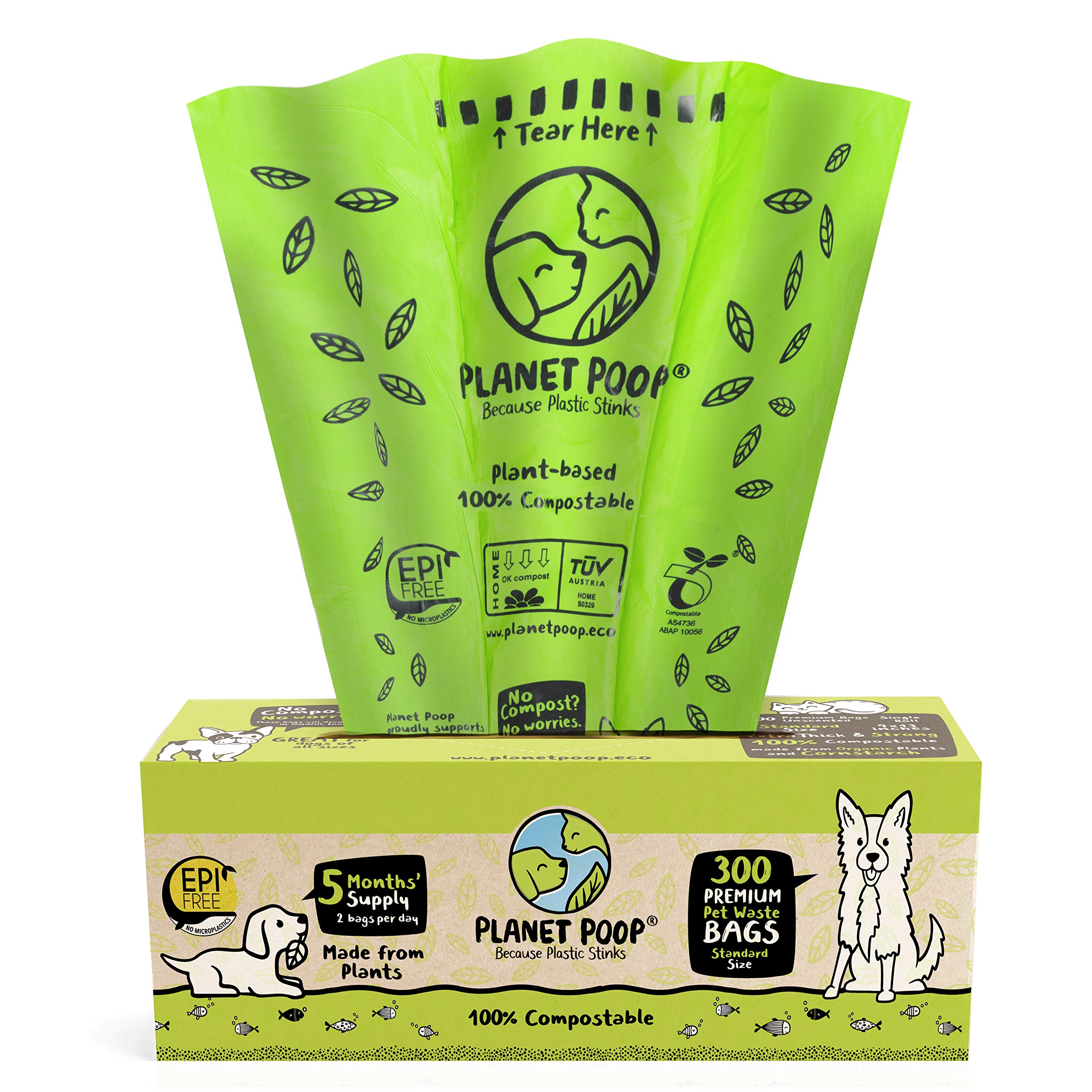 Planet Poop Home Compostable Dog Poop Bags, Large Single Roll 300 Grab & Go, For Dogs Un-Scented Dog Waste Bags, Thick Leakproof