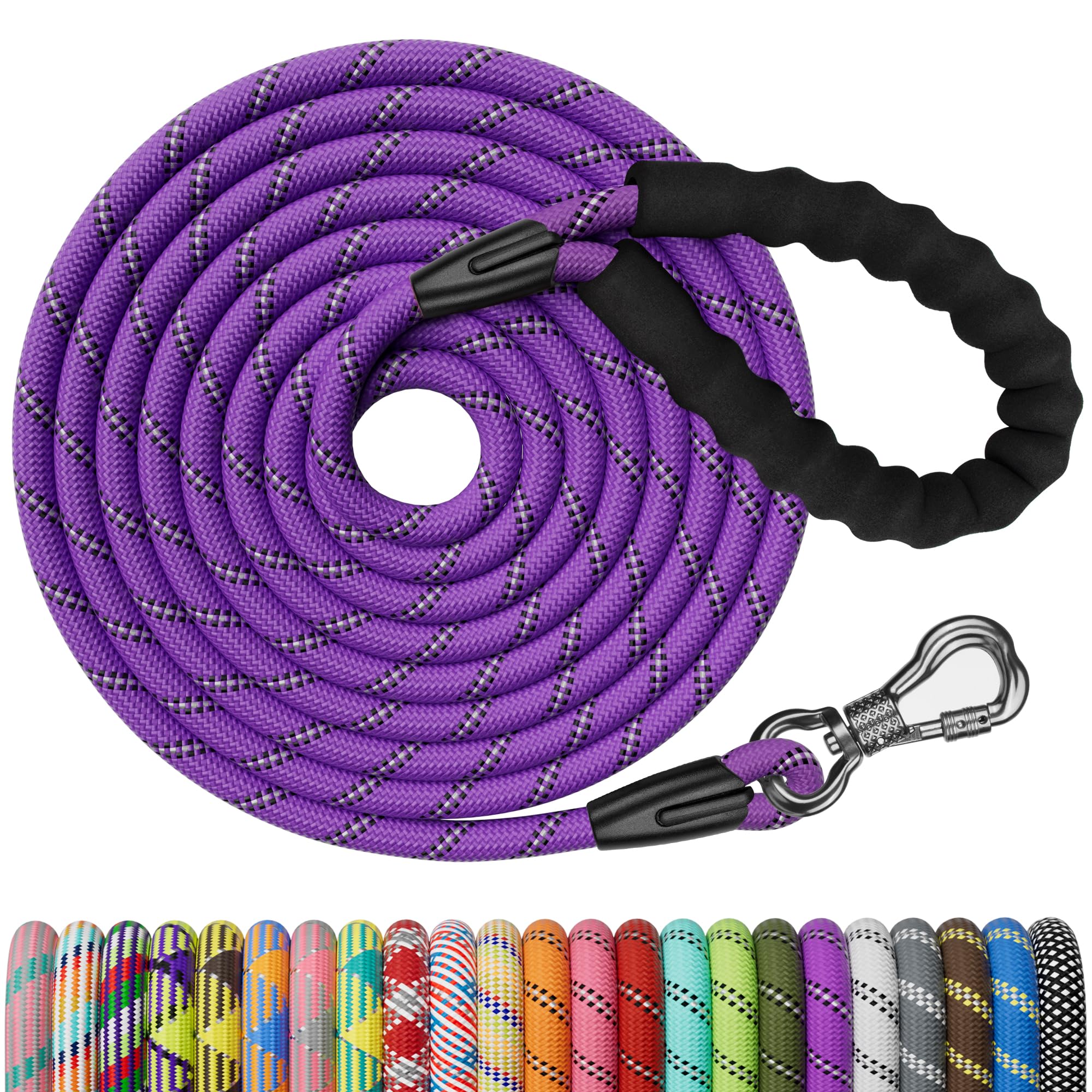 Ntr 25Ft Training Leash For Dog, Purple Rope Leash With Swivel Lockable Hook, Reflective Thread, Padded Handle, Dog Lead Line For Walking, Hunting, Camping, Backyard For Small Medium Large Dog
