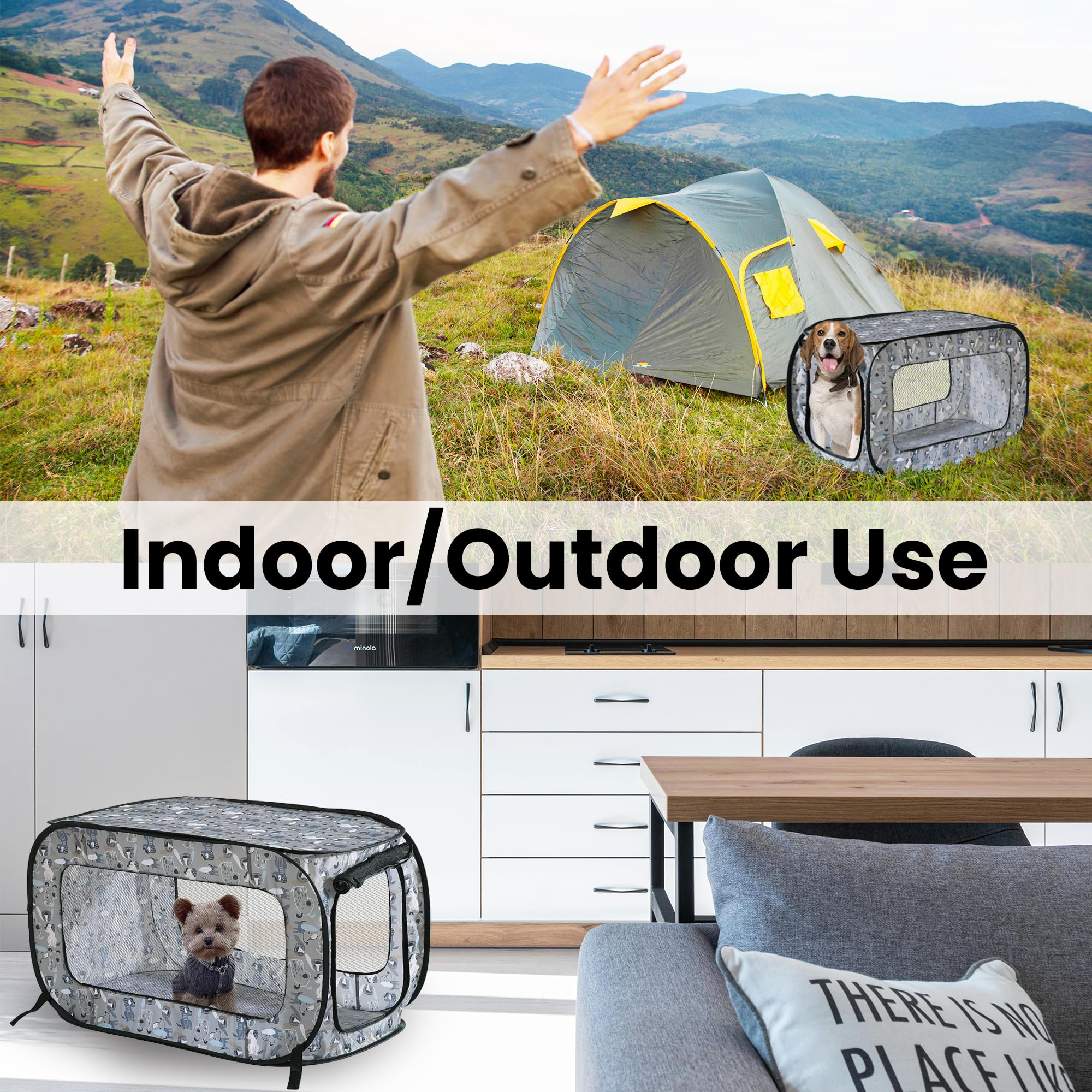 Beatrice Home Fashions Portable, Collapsible, Pop Up Kennel Travel Cat And Dog Crate, 24' L X 16.6' W X 16' H, Tail Waggers