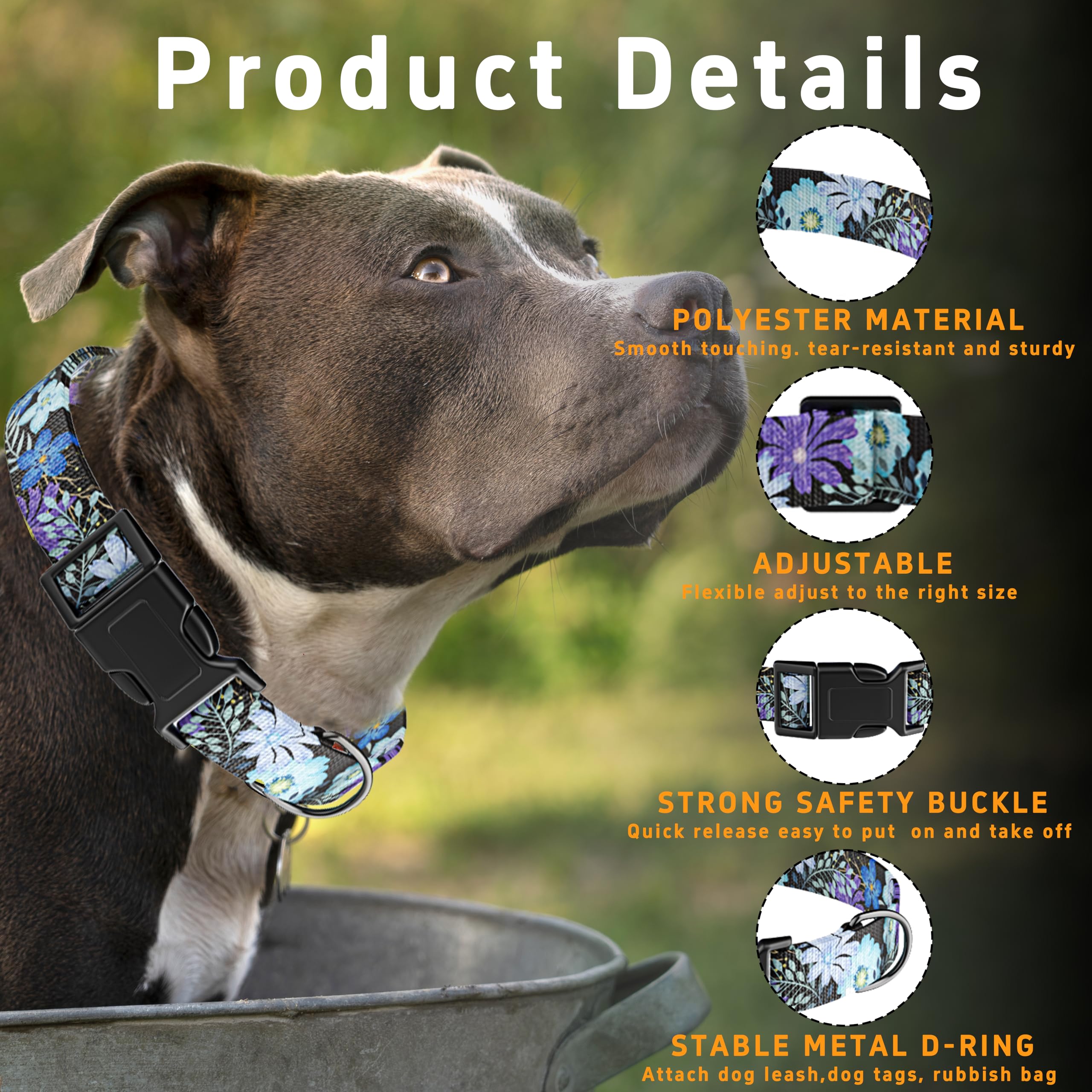 Seyezo Dog Collar For Boys Girls, Floral Puppy Collar For Small Medium Large Dogs, Adjustable Floral Pattern Soft Pet Collar Wit