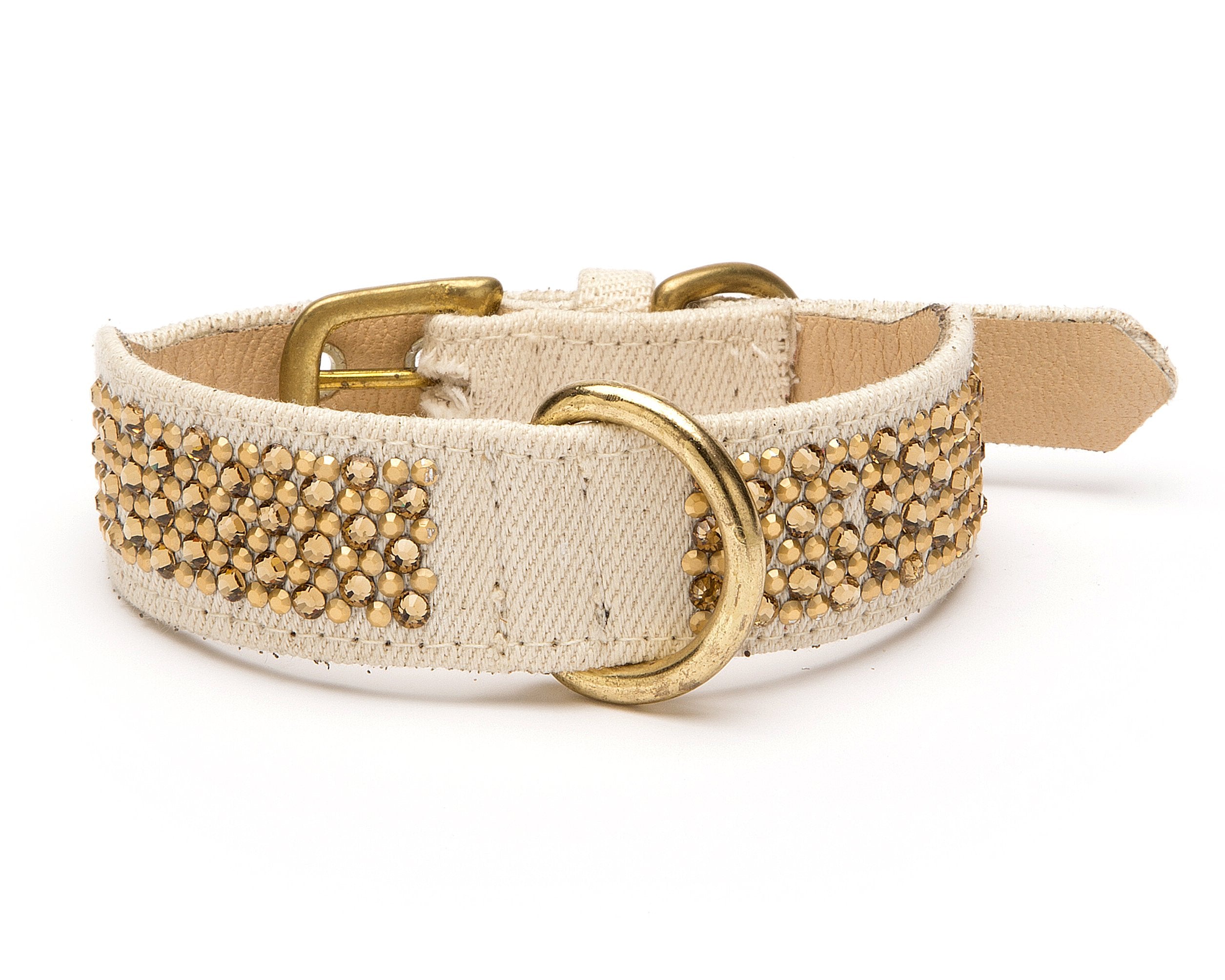Crystal Denim Natural Tapered Dog Collar, Large Size 14-17, Natural Denim With Crystal Studs