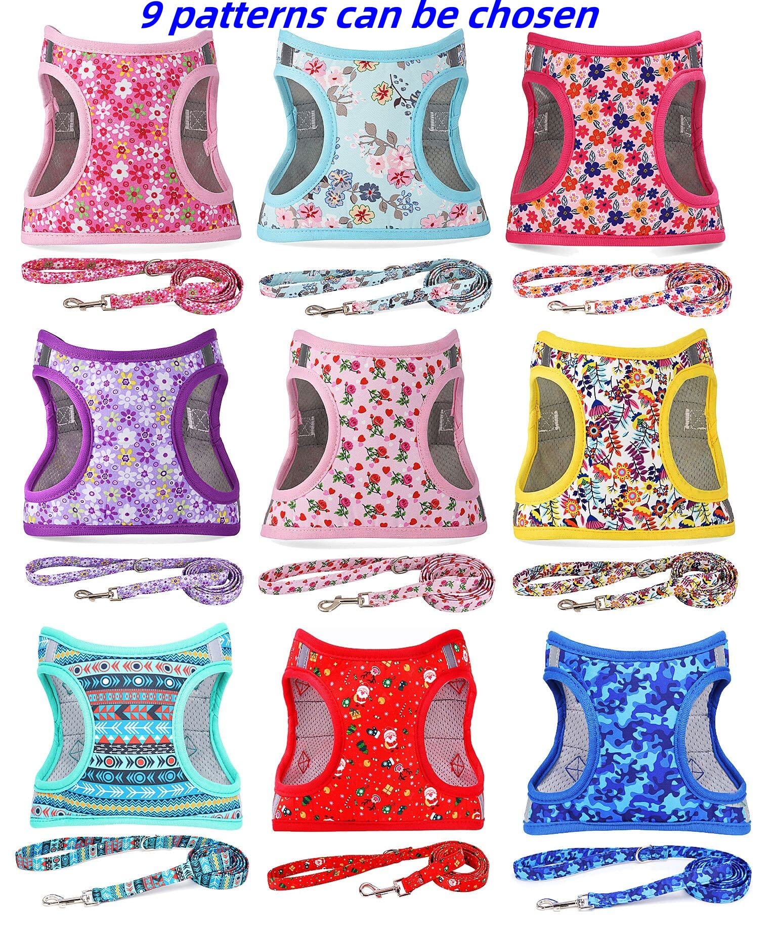 Moonpet Step In Air Dog Harness Leash Set- All Weather Reflective No-Pull?loral Pattern Padded Mesh Vest Harness For Cats Puppy Extra-Small Small Medium Large Dogs - Purple Flower - L