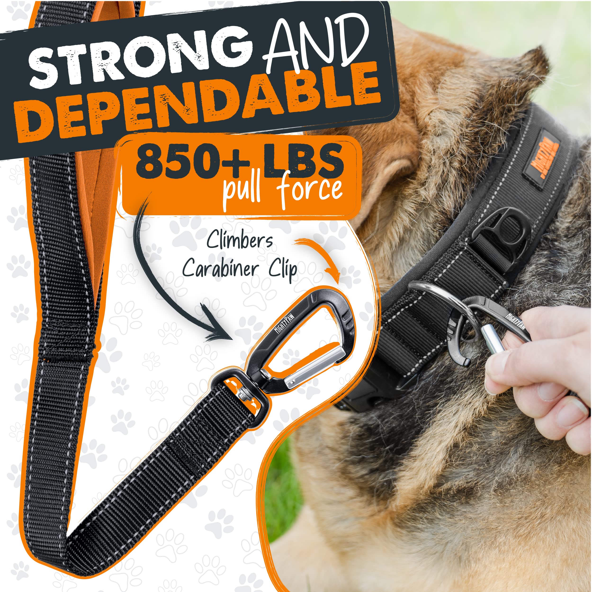 Mighty Paw Two Handle Dog Leash - Paw Leash Built-In Traffic Loop - Carabiner Clip - Double Padded Handles - Suitable For Small To Large Pets - 6' (Black)