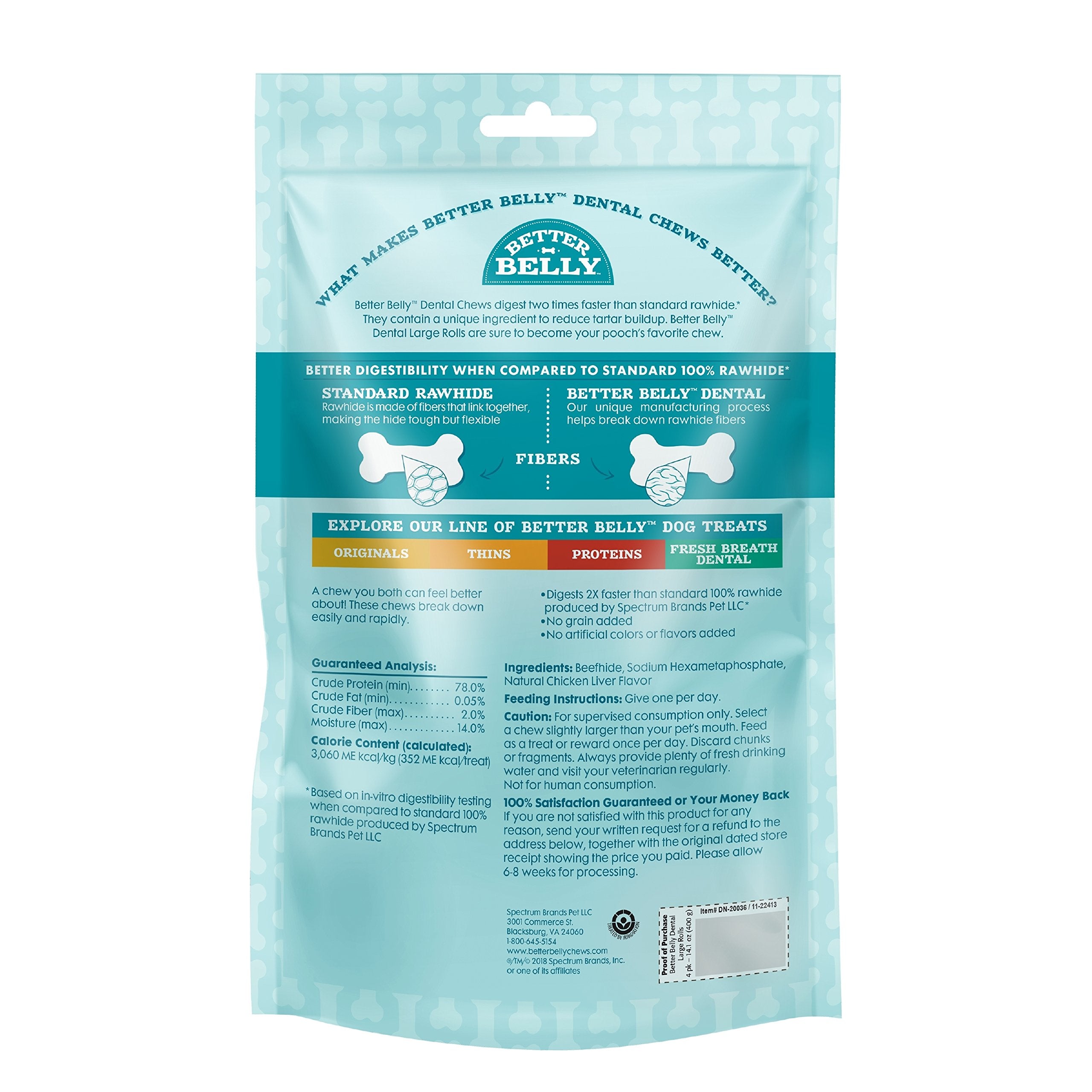 Better Belly Highly Digestible Rawhide Dental Chews, Treat Your Dog to a Chew with NO Artificial Colors or Flavors 4 Count (Pack