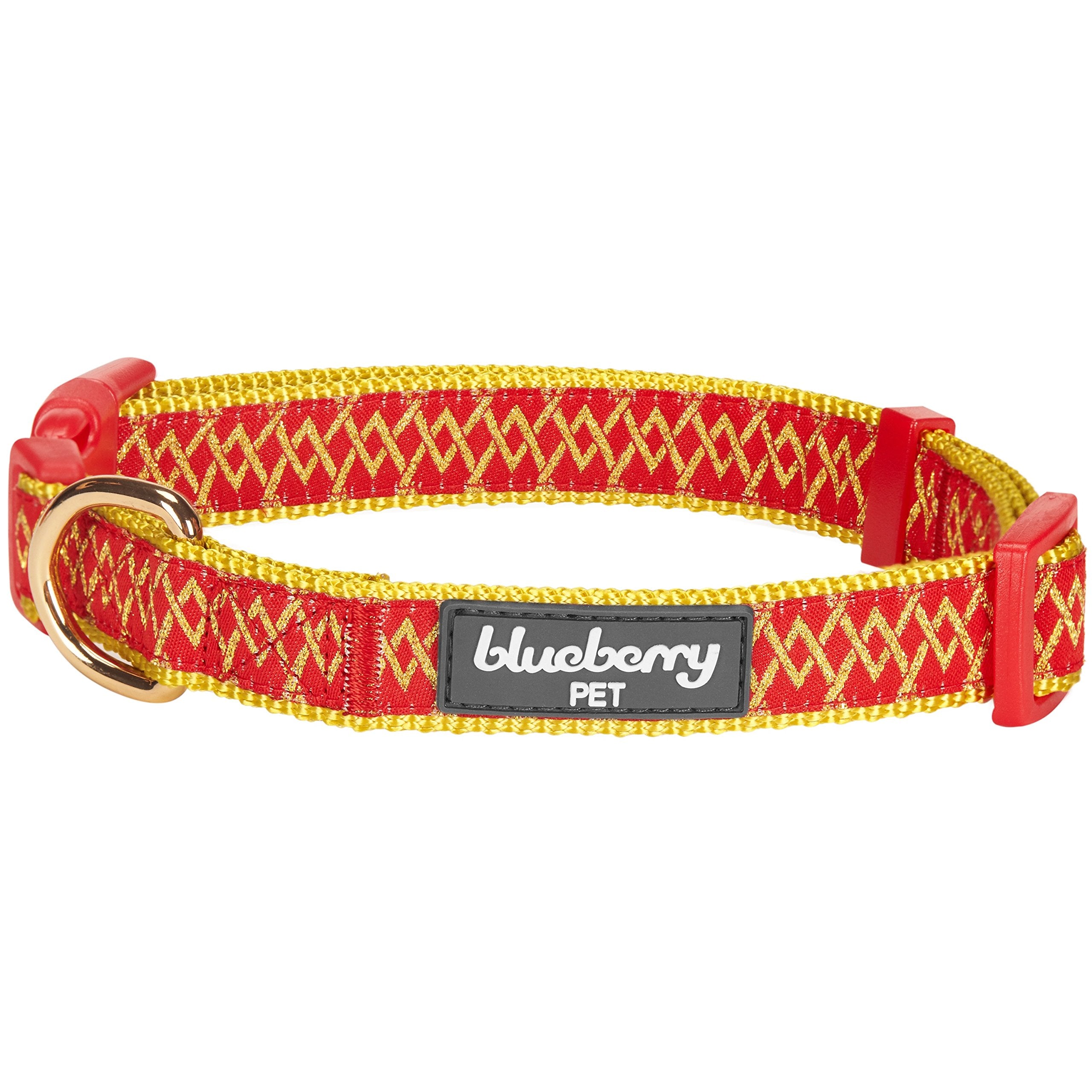 Blueberry Pet 4 Patterns Gold Metallic Thread Zigzag True Red Adjustable Dog Collar, Medium, Neck 14.5-20