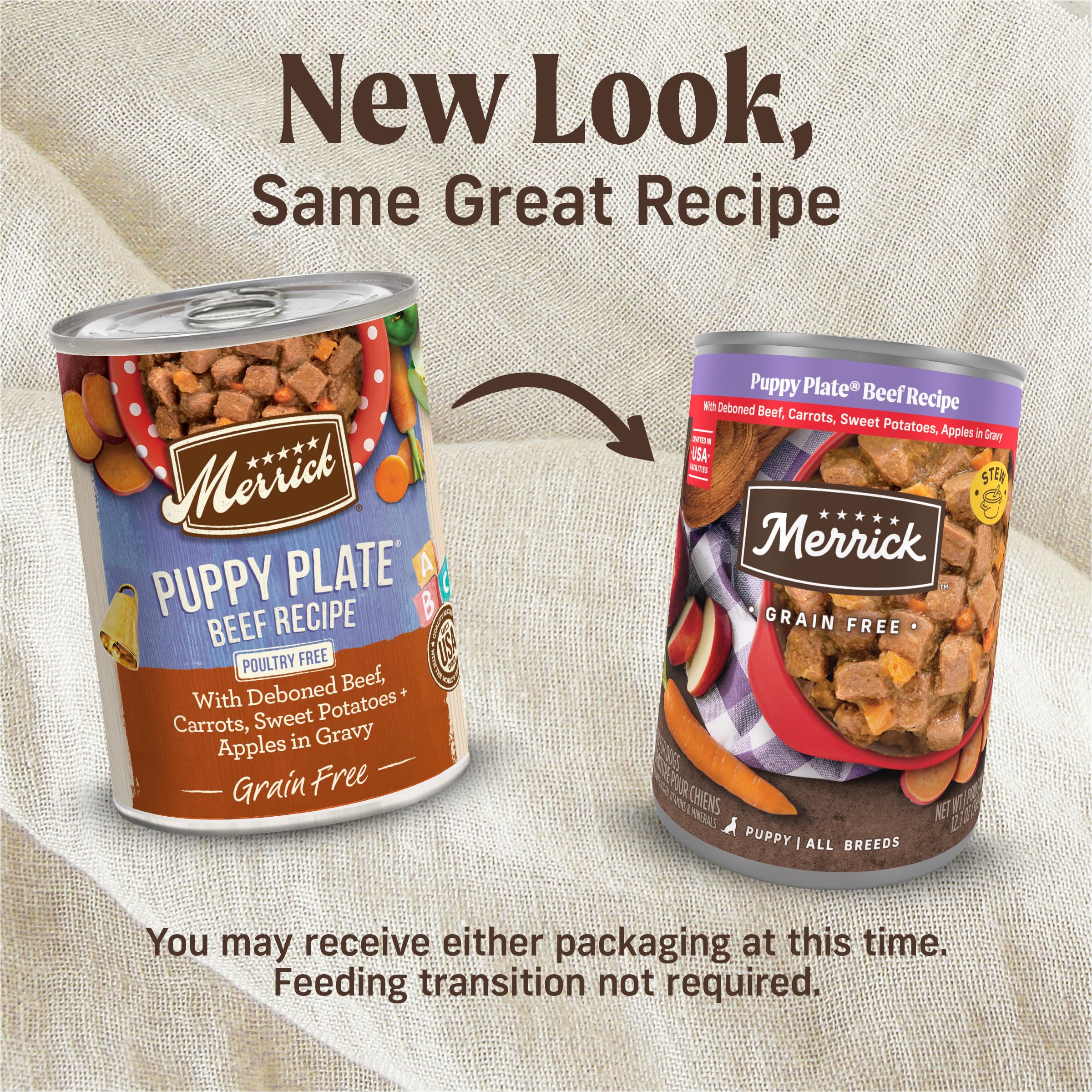 Merrick Grain Free Wet Puppy Food, Premium Soft And Gluten Free Canned Dog Food, Puppy Plate Beef Recipe - (Pack of 12) 12.7 oz.