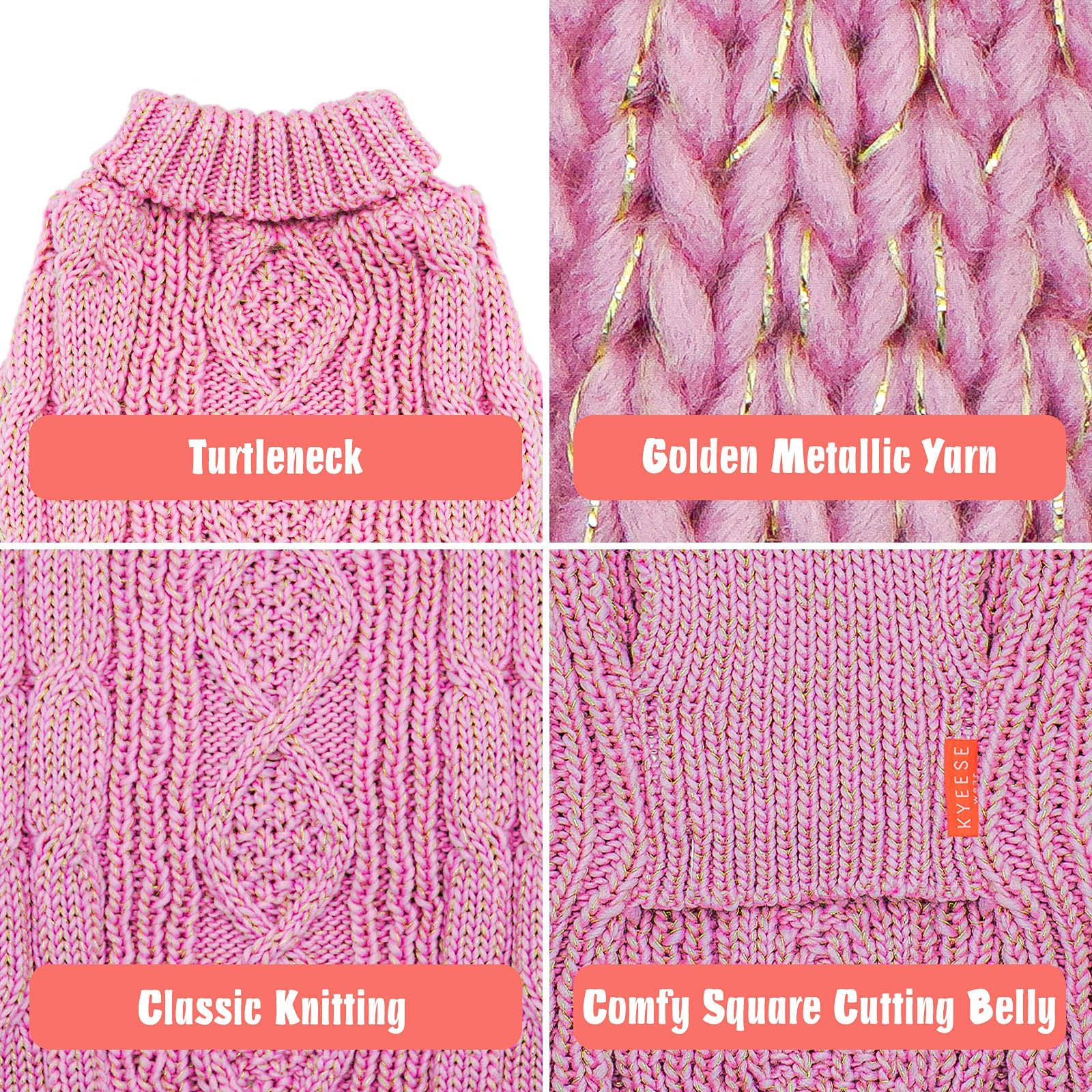 Kyeese Dog Sweaters For Small Dogs Turtleneck Dog Cable Knit Pet Sweater With Golden Thread For Cold Weather, Pink, Medium