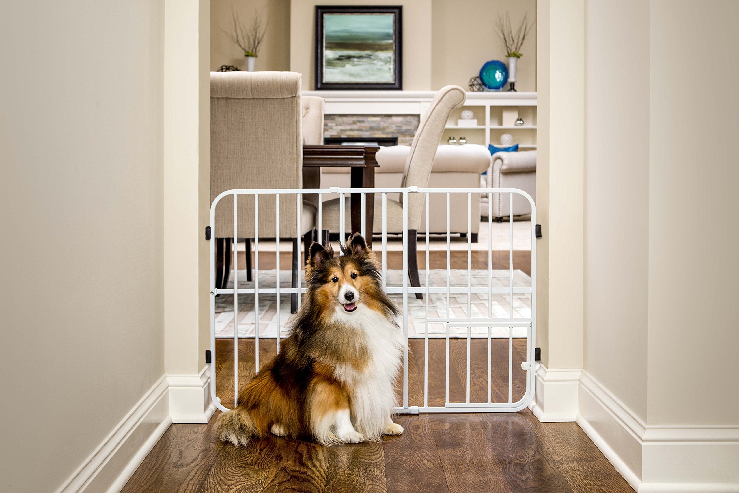Carlson Pet Products Tuffy Metal Expandable Pet Gate, Includes Small Pet Door, 24 X 22-38 Inch, White
