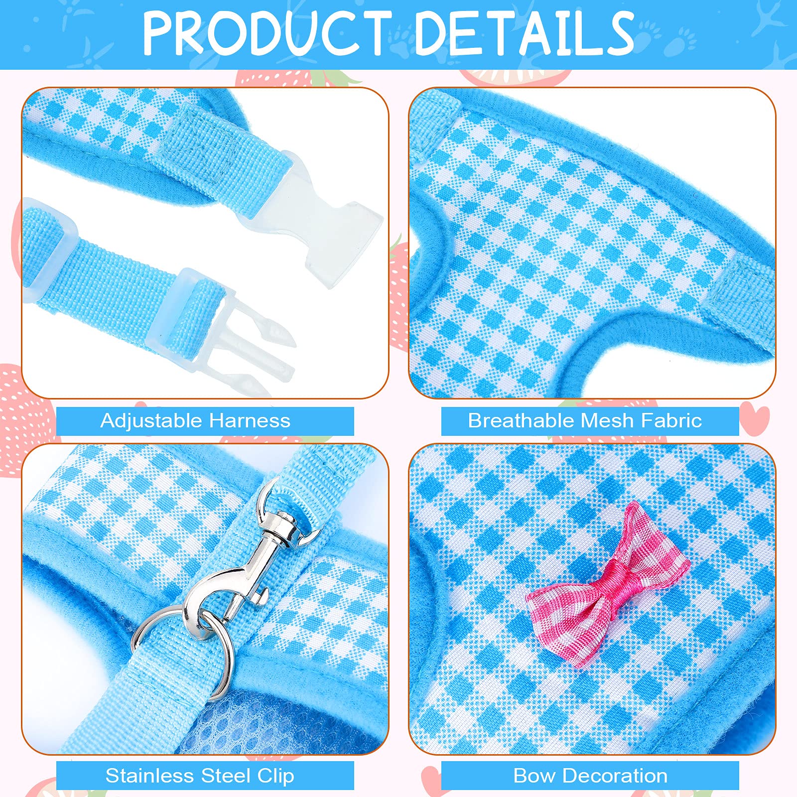 4 Pieces Adjustable Chicken Harness with Leash Elastic Comfortable Small Size Hen Vest with Matching Belt Breathable Fruit Print