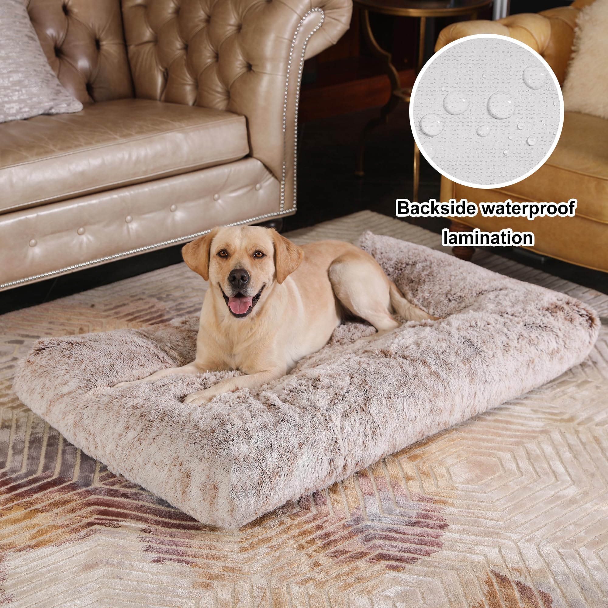 Bedfolks Plush Dog Crate Bed, Waterproof, Faux Fur, Xxl, 47''X29'', Brown