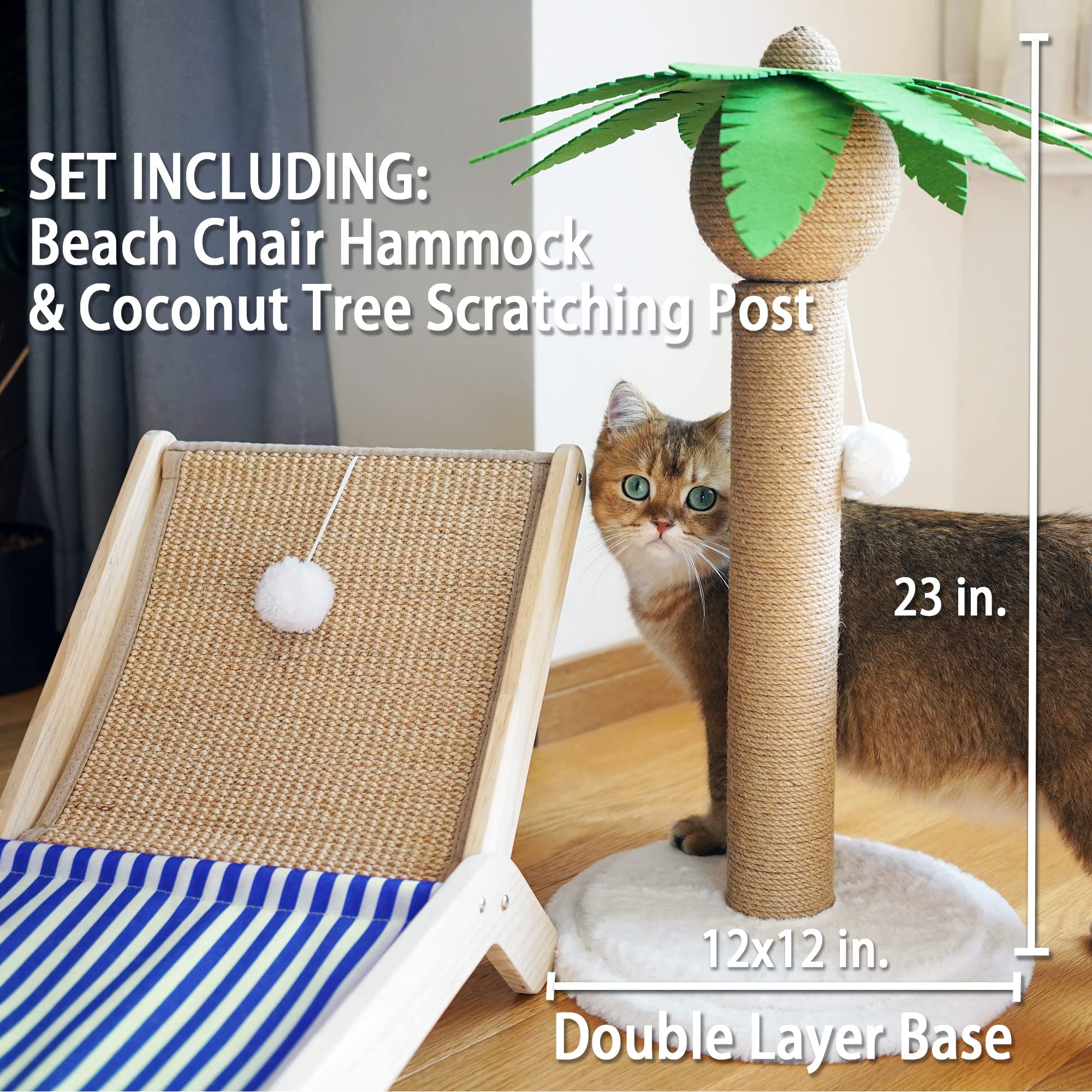Petkaray Cat Hammock With Coconut Palm Tree Scratching Post, Cozy Beach Chair Elevated Cat Beds, Original Cat Lounger For Indoor Cats