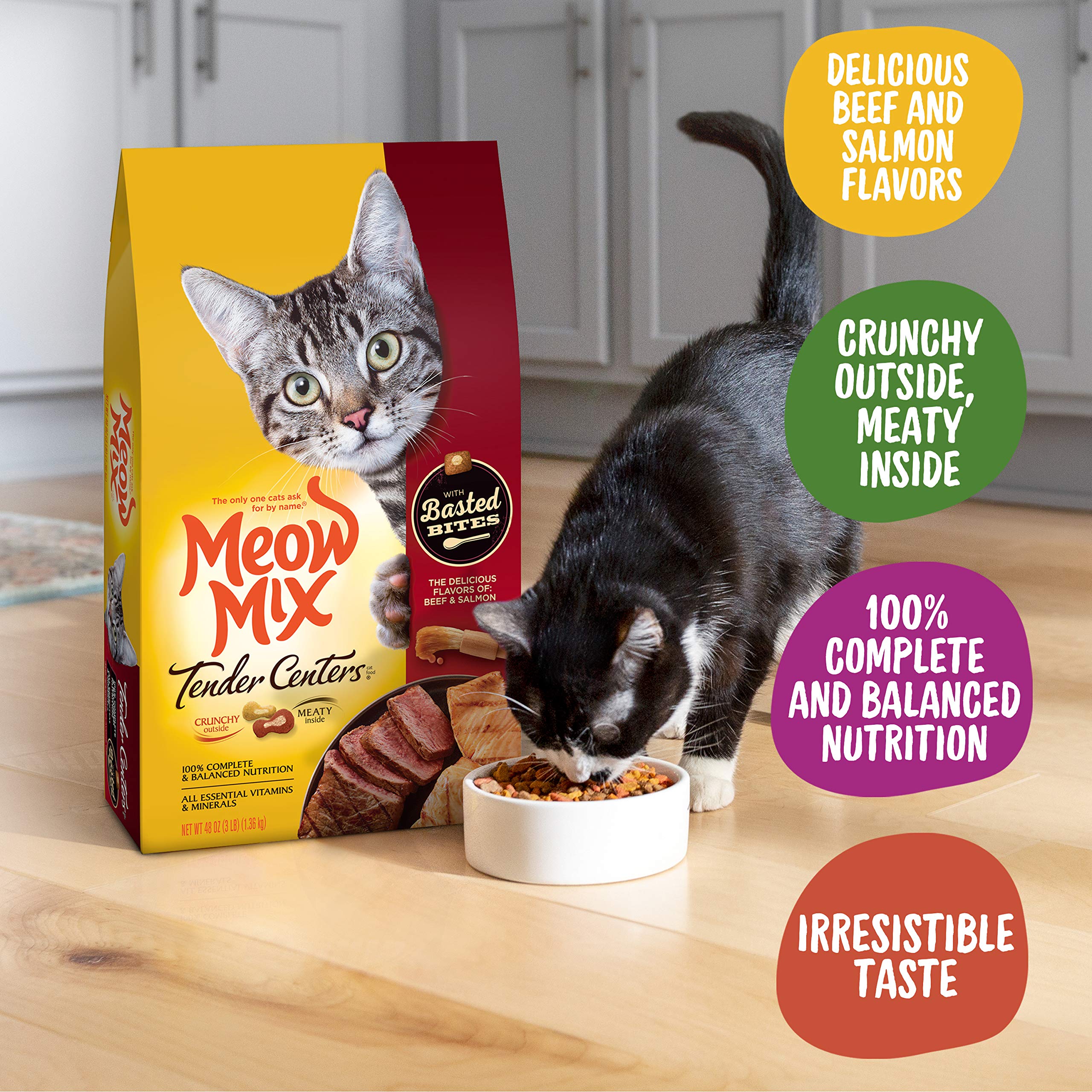 Meow Mix Tender Centers Basted Bites Dry Cat Food, Beef & Salmon Flavors, 3 Pound (Pack of 4), Crunchy Outside Meaty Inside