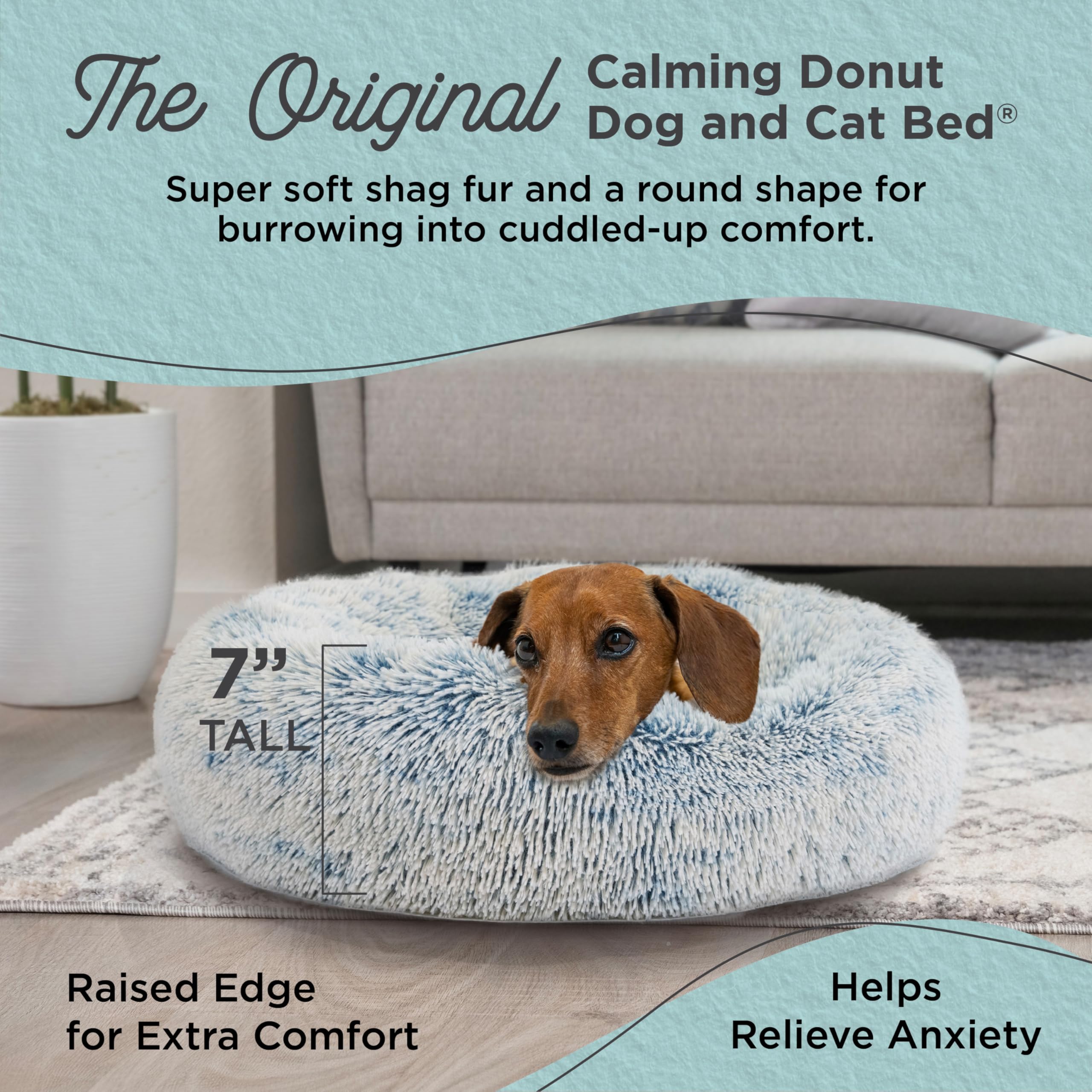 Best Friends By Sheri Original Calming Donut Dog And Cat Bed, Shag Faux Fur, Denim Blue, Small (23X23) - Helps Provide Anxiety R