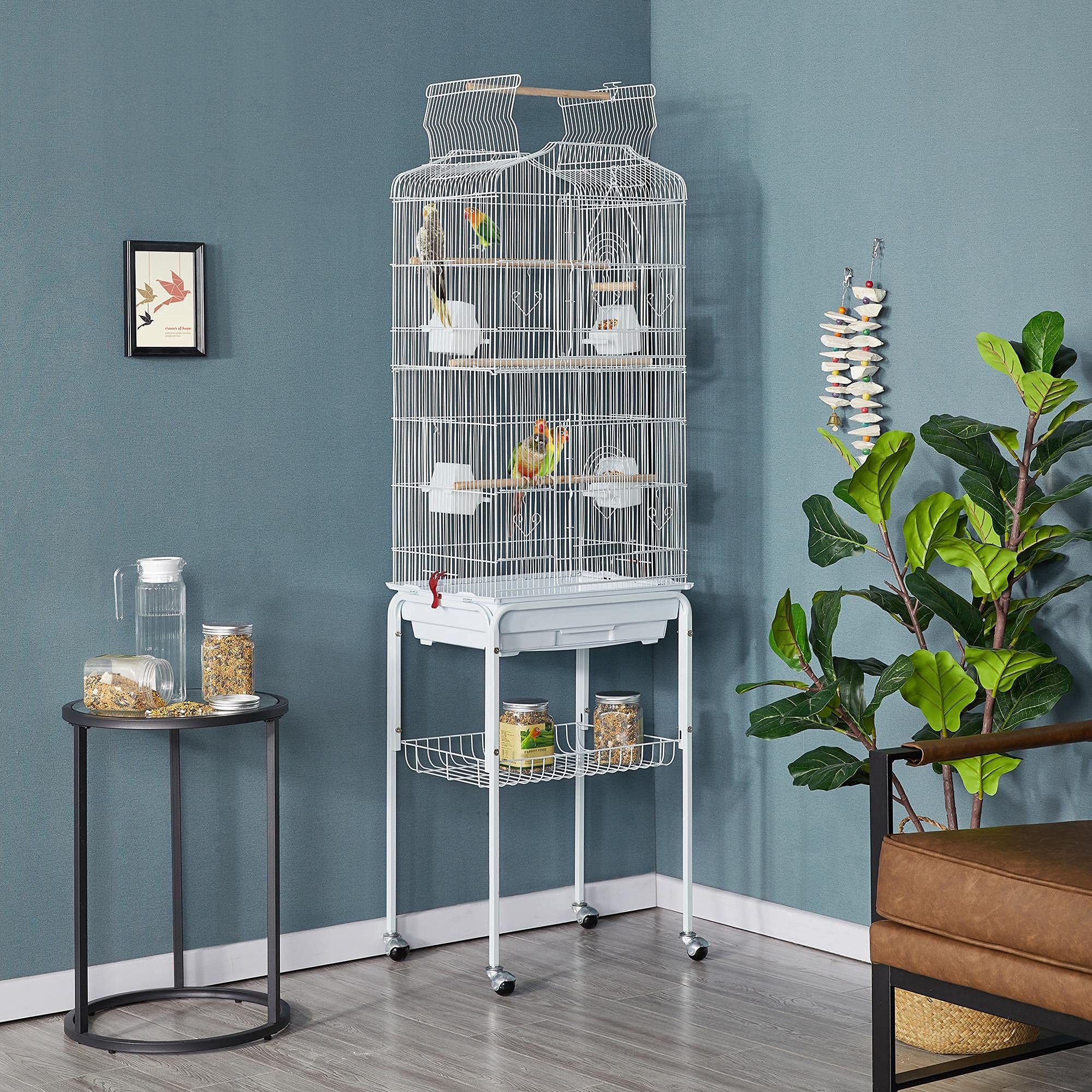 Yaheetech 64-Inch Open Play Top Bird Cages For Parakeets Cockatiels Finches Lovebirds Canaries Conures Budgies Parrot Birdcage W/Detachable Rolling Stand, White