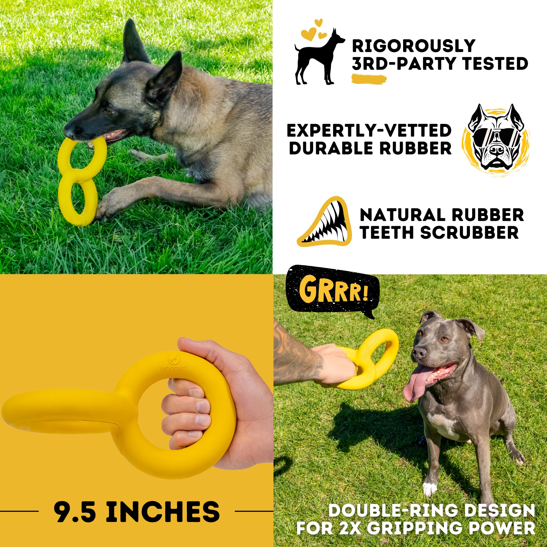 WoofBite Indestructible Tug Rings - Lifetime Replacement - Aggressive Chewers, Medium Large Breed - Non-Toxic Natural Rubber Dog