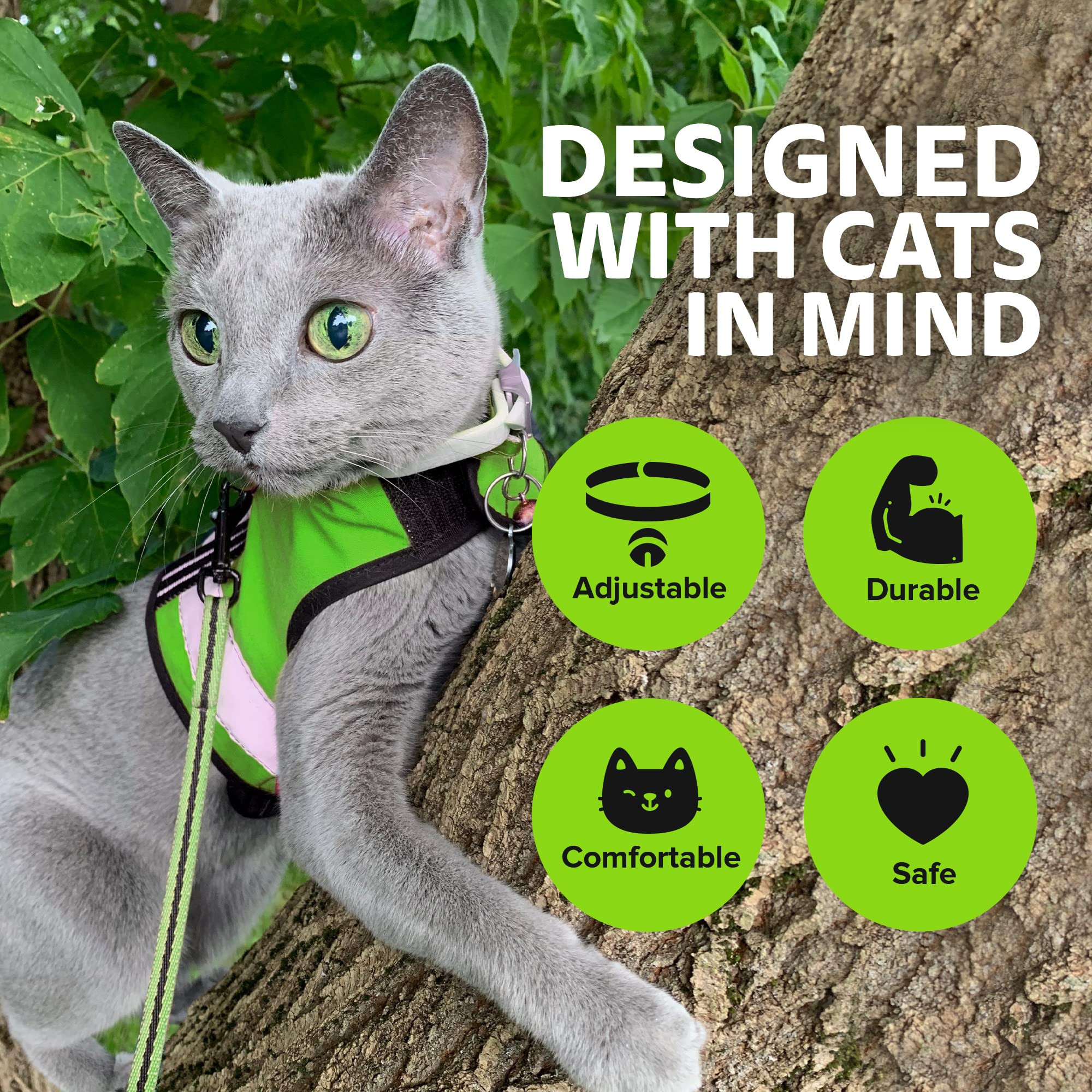 Kitty Holster Reflective Cat Harness - High-Visibility Soft Cotton, XL, Loud Lime, Made in USA