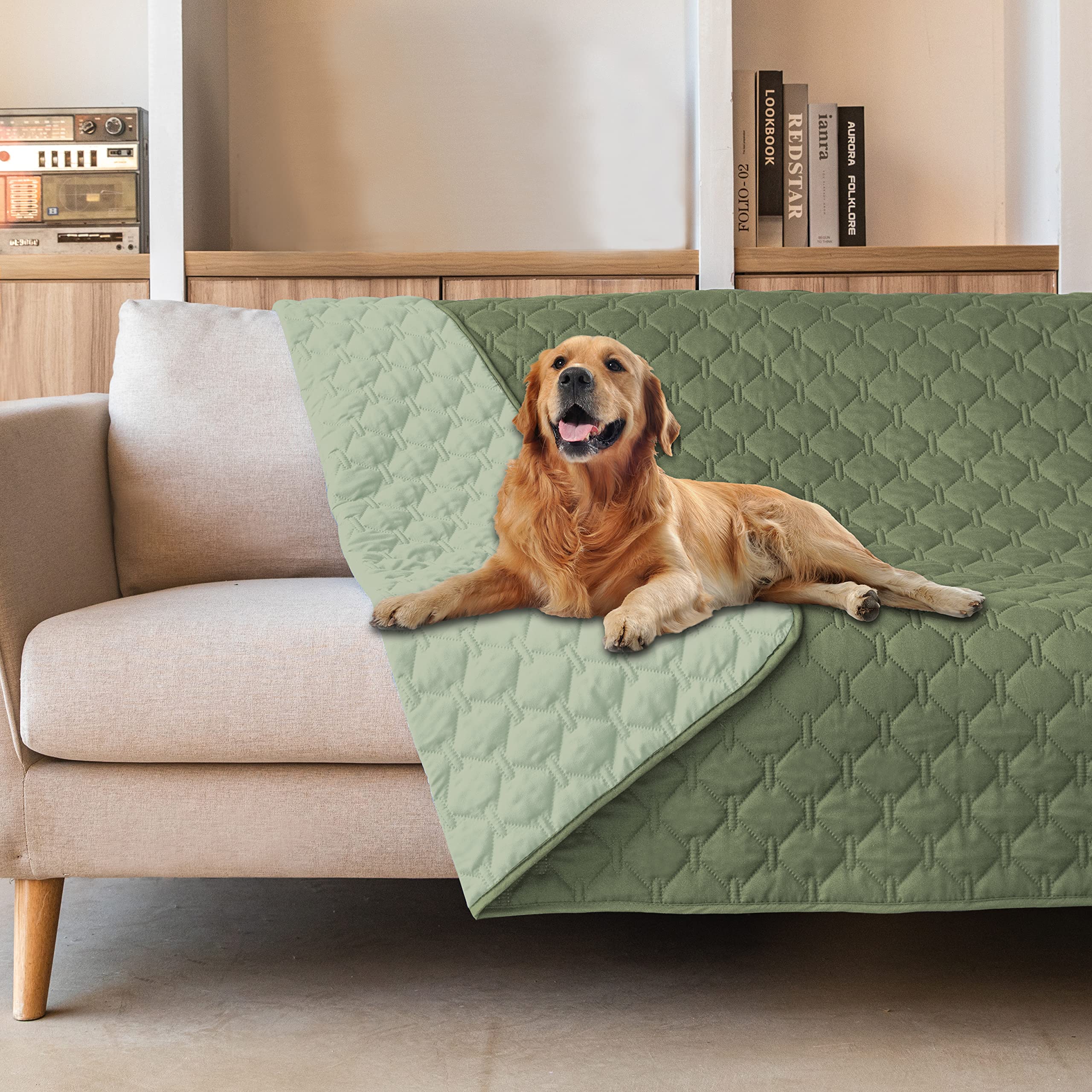 gogobunny 100% Double-Sided Waterproof Dog Bed Cover Pet Blanket Sofa Couch Furniture Protector for Puppy Large Dog Cat, Reversible (68x82 Inch (Pack of 1), Dark Green/Light Green) -Like New