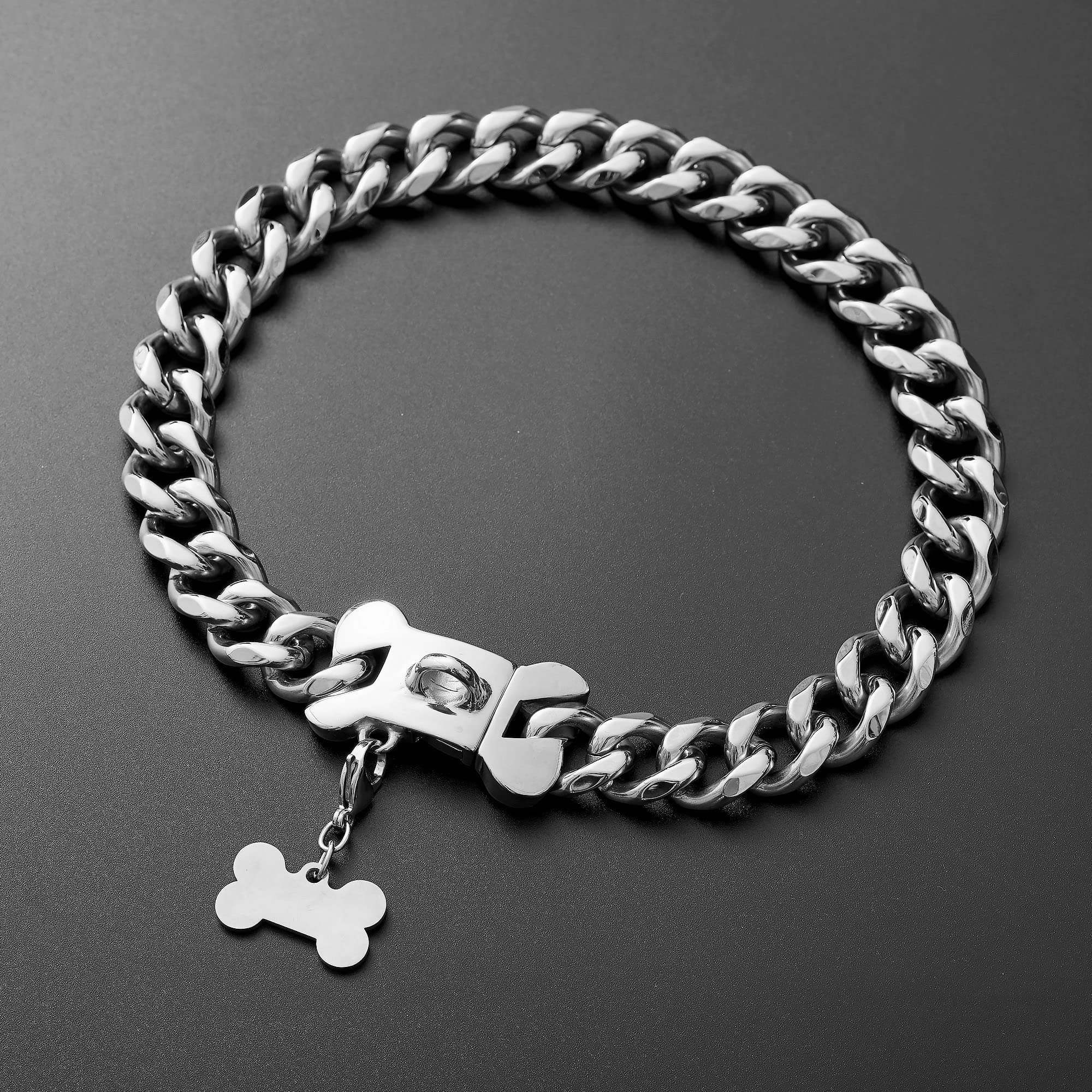 Stainless Steel Cuban Silver Link Heavy Duty Necklace Dog Collar For Small Medium Large Dogs, American Bully French Bulldog Dog