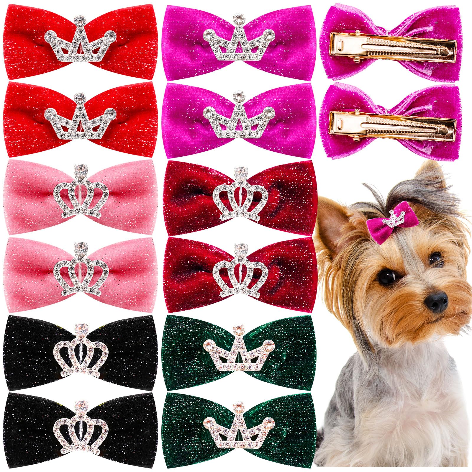 Mruq Pet Dog Hair Crown Bows With Clips For Small Dogs, Bulk 20Pcs Cute Handmade Pet Dog Bows Girl Clips, Puppy Yorkie Dog Hair 