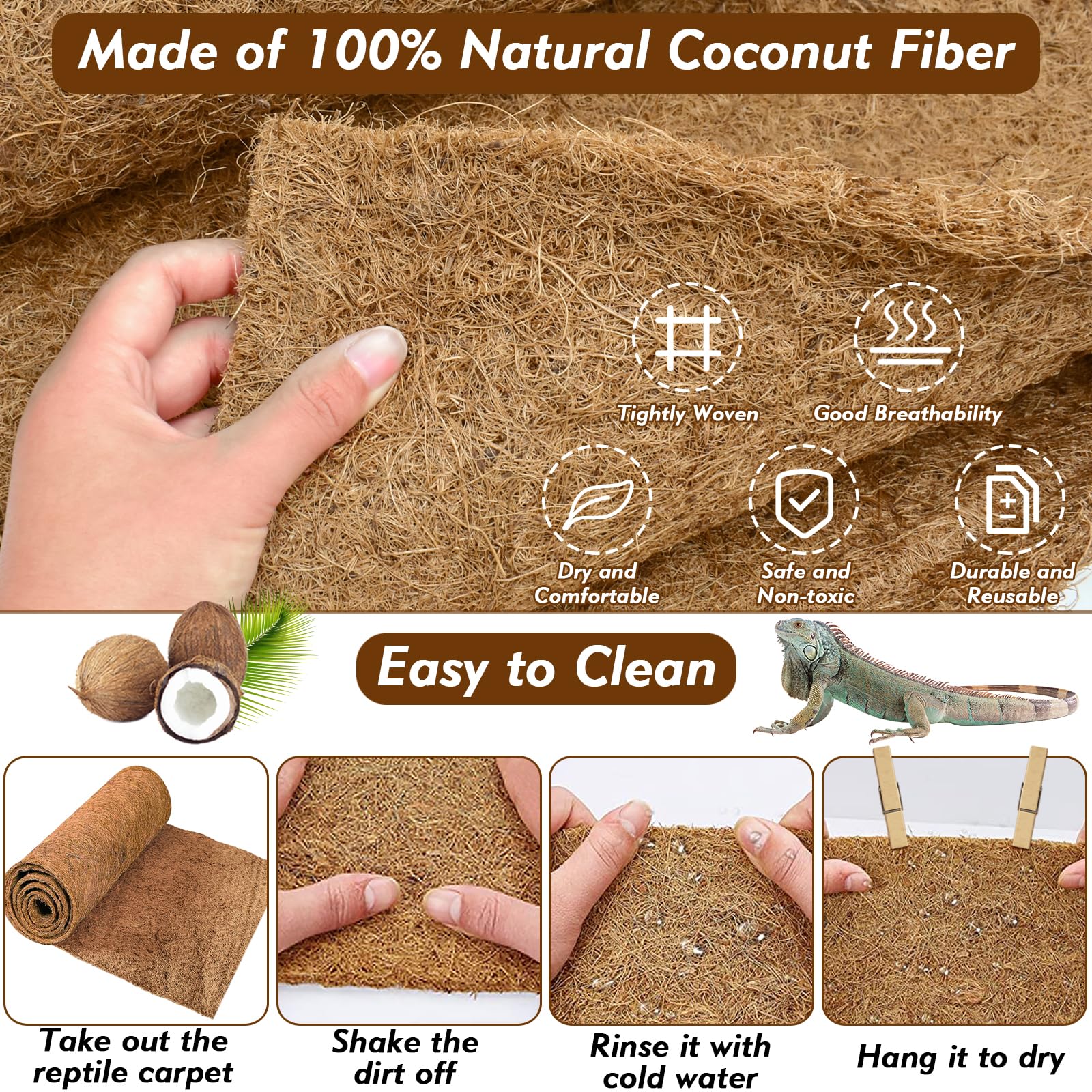ZeeDix 10 Pieces Coconut Fiber Reptile Substrate Mat, 8 x 8 inches Natural Coco Coir Mat Turtle Bedding Tortoise Carpet Reptile