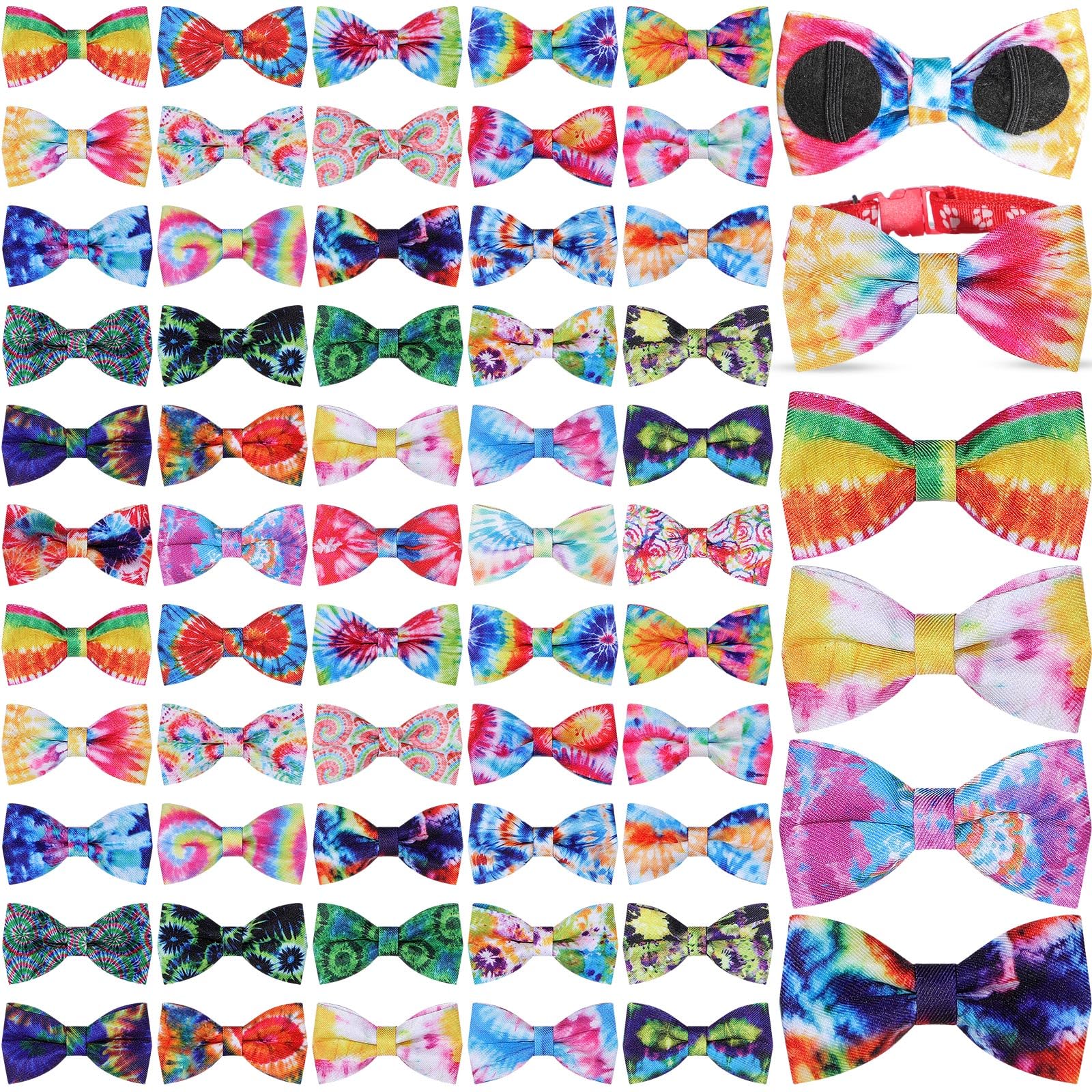 Cosblank 60 Pcs Tie Dye Dog Collar Bow Ties Bulk Dog Grooming Supplies Bowtie Accessories Puppy Bows Detachable Collar Charms Fo