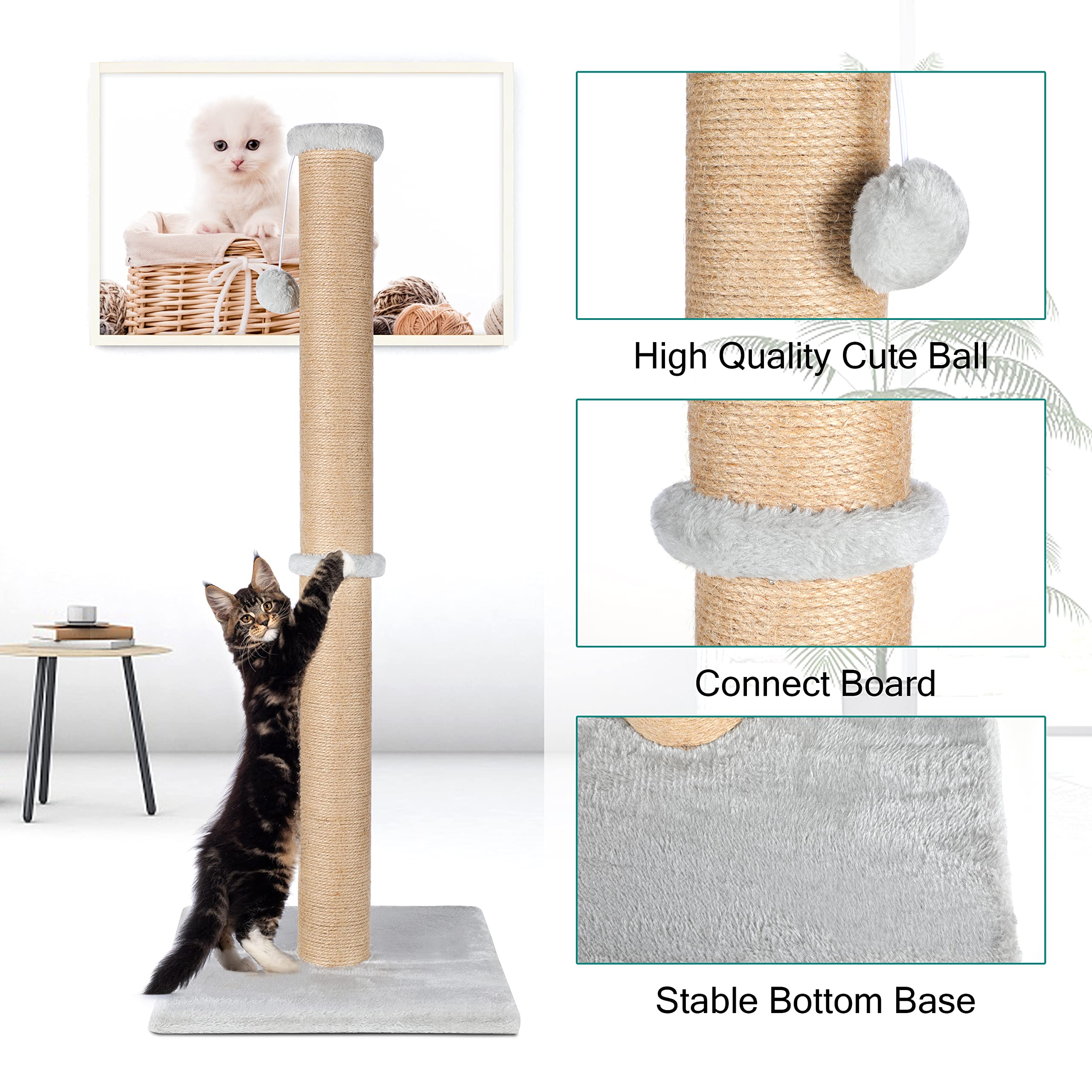 FluffyDream 37 Cat Scratching Post, Natural Sisal Rope Scratcher with Dangling Teaser Ball and Covered with Soft Plush for Kit