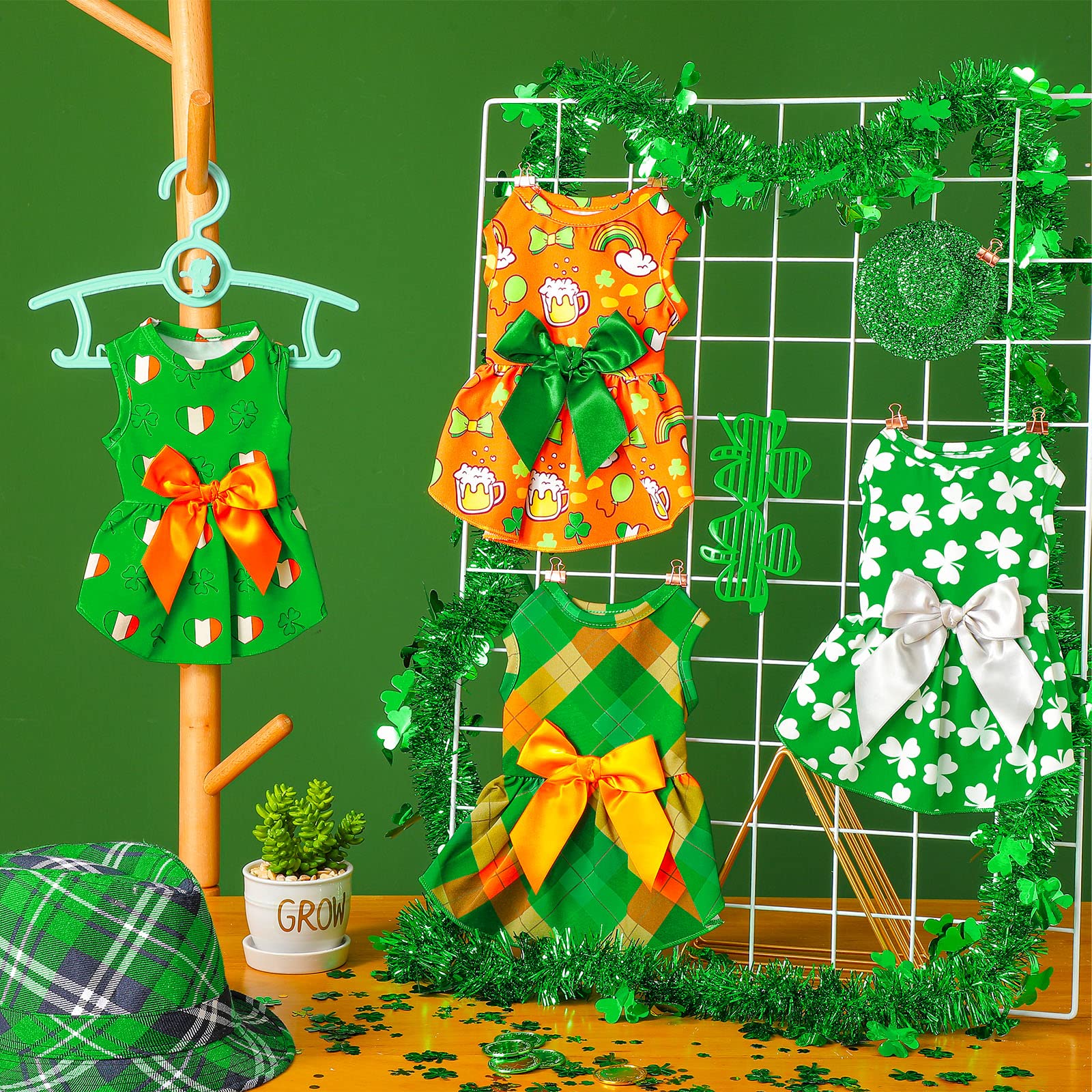 4 Pieces Dog Dresses Holiday Pet Skirts Doggie Bowknot Dresses Outfit Green Clover Puppy Festival Cute Funny Tutu Skirt Apparel Clothes For Dogs Cats Pets