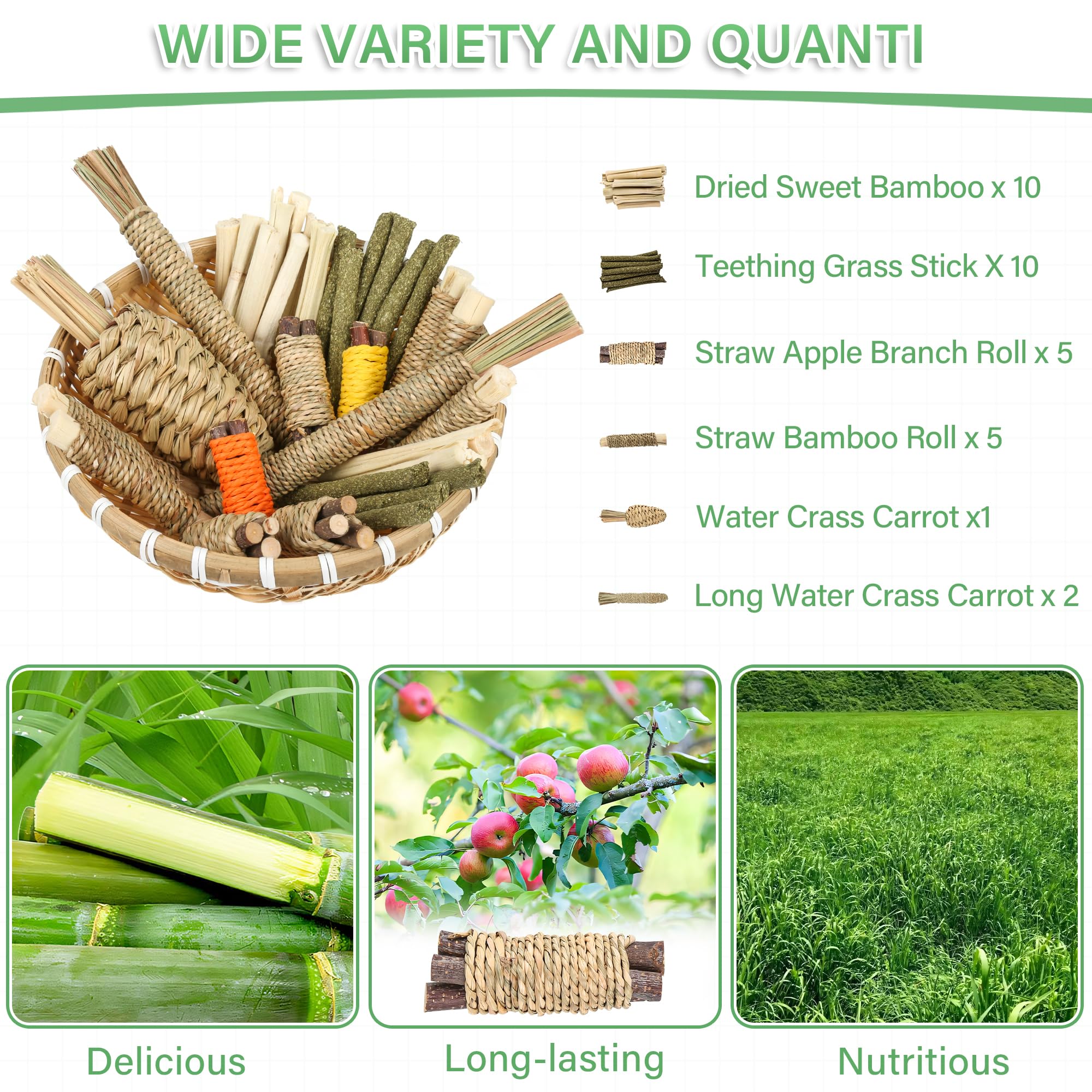 Wookiwuki Rabbit Toys 33Pcs, Natural Hay Hamster Chew Toys For Teeth, Handmade Dried Sweet Teething Grass Sticks Watercress Carr