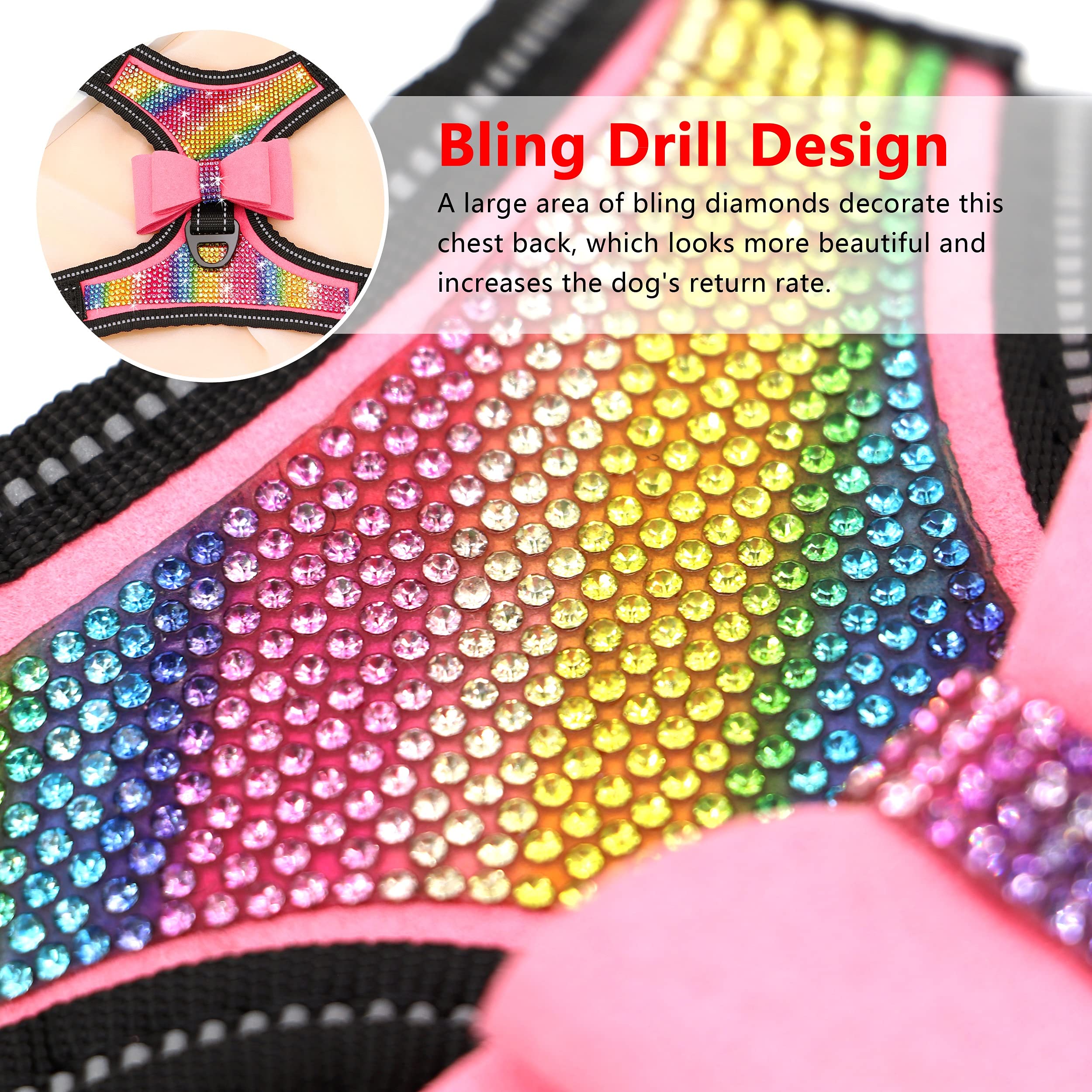 Beirui Rhinestone Dog Harness - Reflective Bling Nylon Dog Vest With Sparkly Bow Tie For Small Medium Large Dogs Walking,Wedding And Party,Pink Colored Rhinestones,L