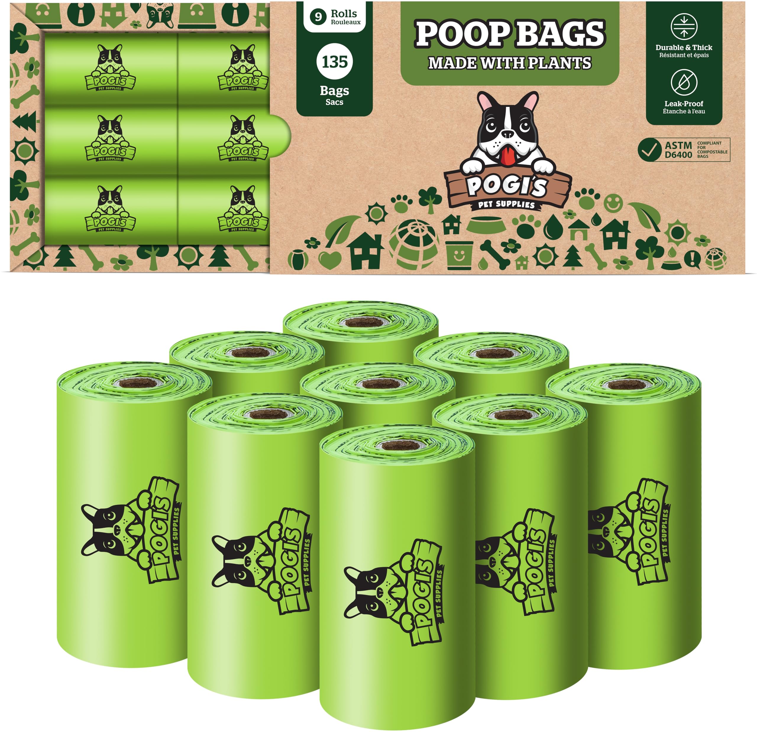 Pogis Compostable Poop Bags - Leak-Proof, Extra-Large, Made with Plants - 9 Rolls (135 Bags)