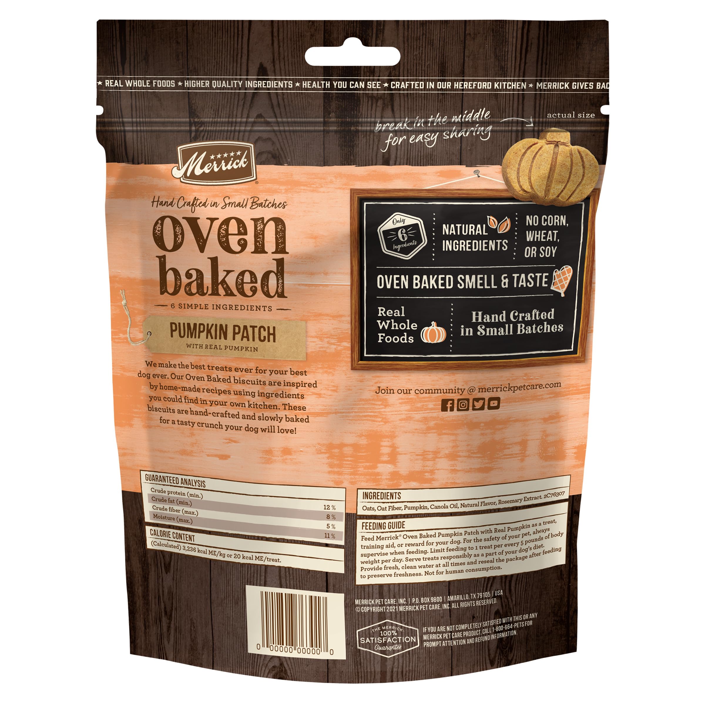 Merrick Oven Baked Dog Treats, Natural and Crunchy Bag of Treats, Pumpkin Patch with Real Pumpkin Snack - 11 oz. Bag