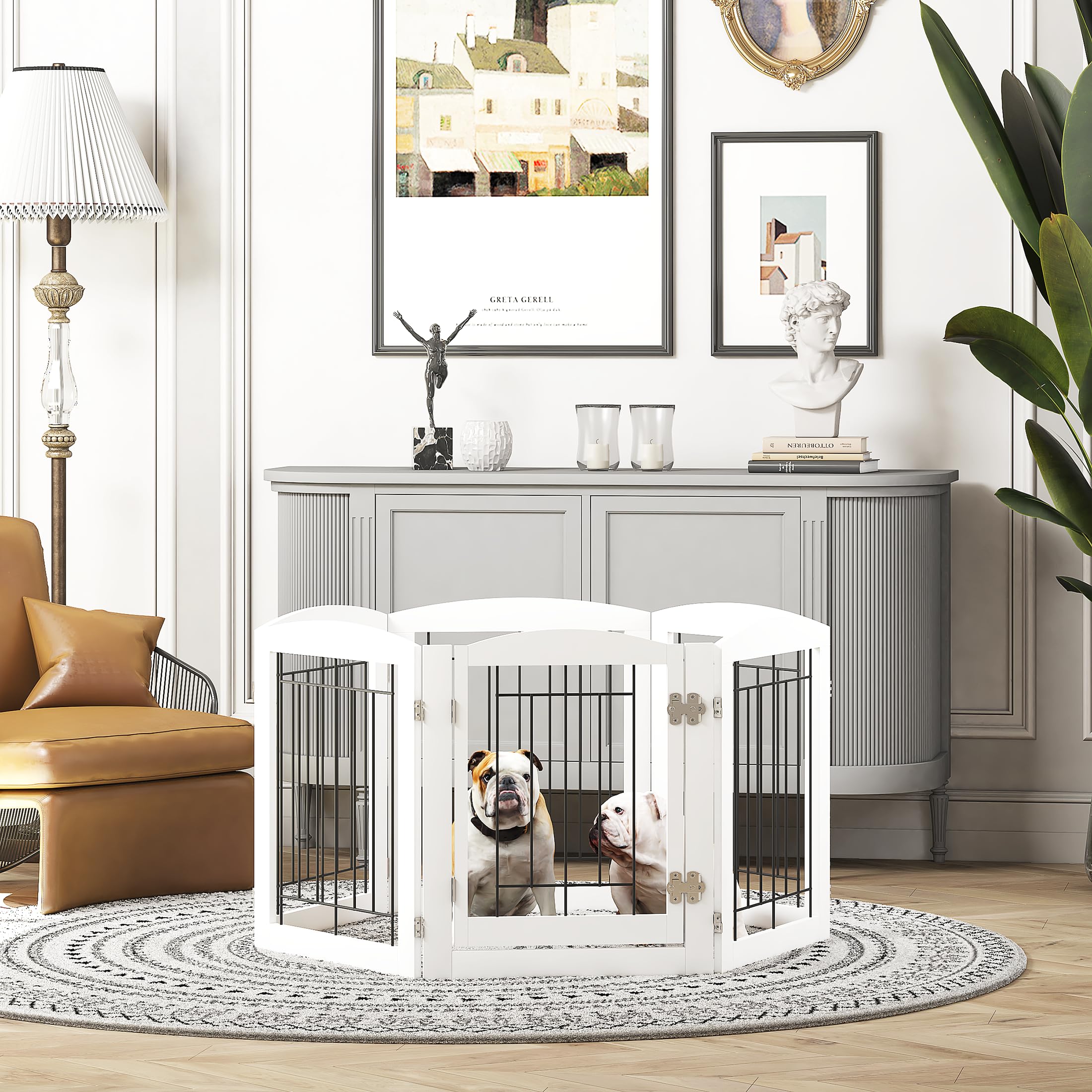 PAWLAND 6 Panels Dog Gate Indoor with Walk Through Door, Foldable FreeStanding Pet Gate for Doorways, Stairs, The Houes, Pet Pup