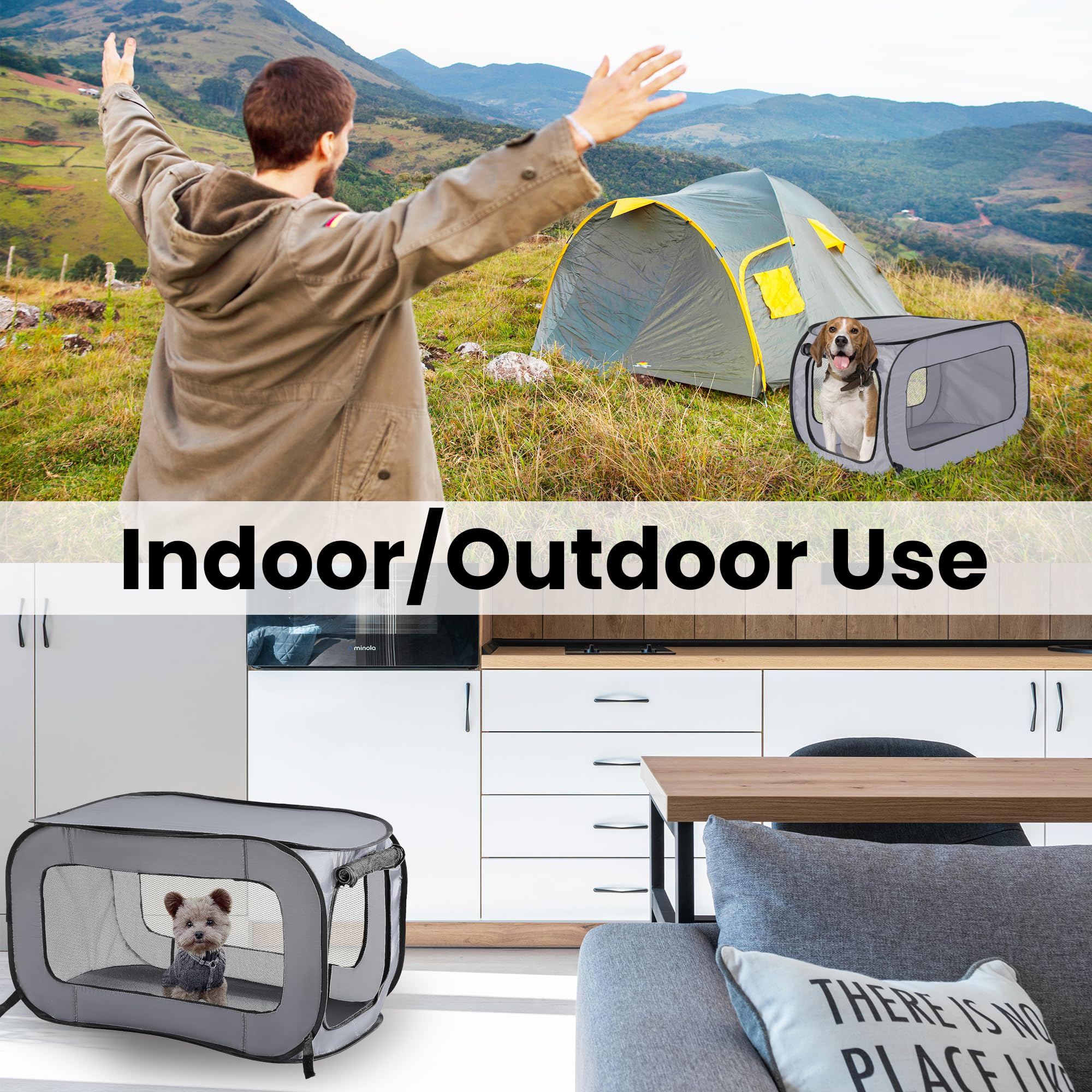 Beatrice Home Fashions Portable, Collapsible, Pop Up Kennel Travel Cat And Dog Crate, 24' L X 16.6' W X 16' H, Gray