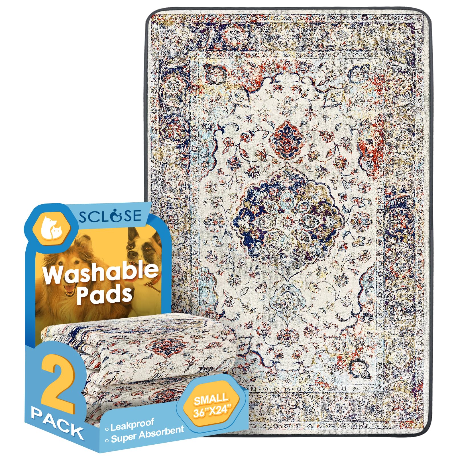 Sclose Washable Pee Pads For Dogs 2 Pack, 36'' X 24'' Reusable Puppy Pads Waterproof, Super Absorbent Dog Rugs, Leakproof, Dog C