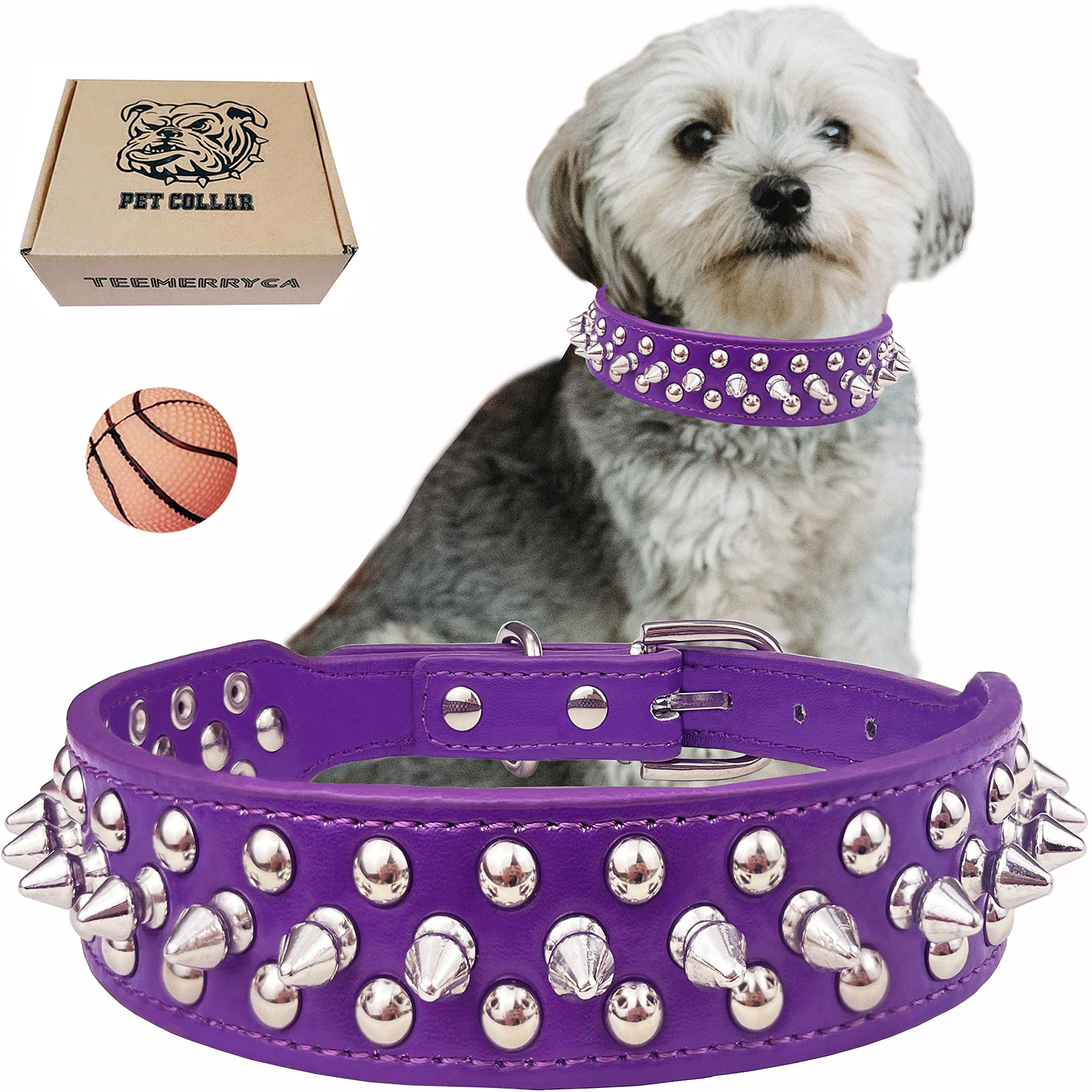 Teemerryca Adjustable Pu Leather Spiked Studded Dog Collars With A Squeak Ball Gift For Small Medium Large Pets Like Cats/Pit Bull/Bulldog/Pugs/Husky, Purple, L 15'-18.5'