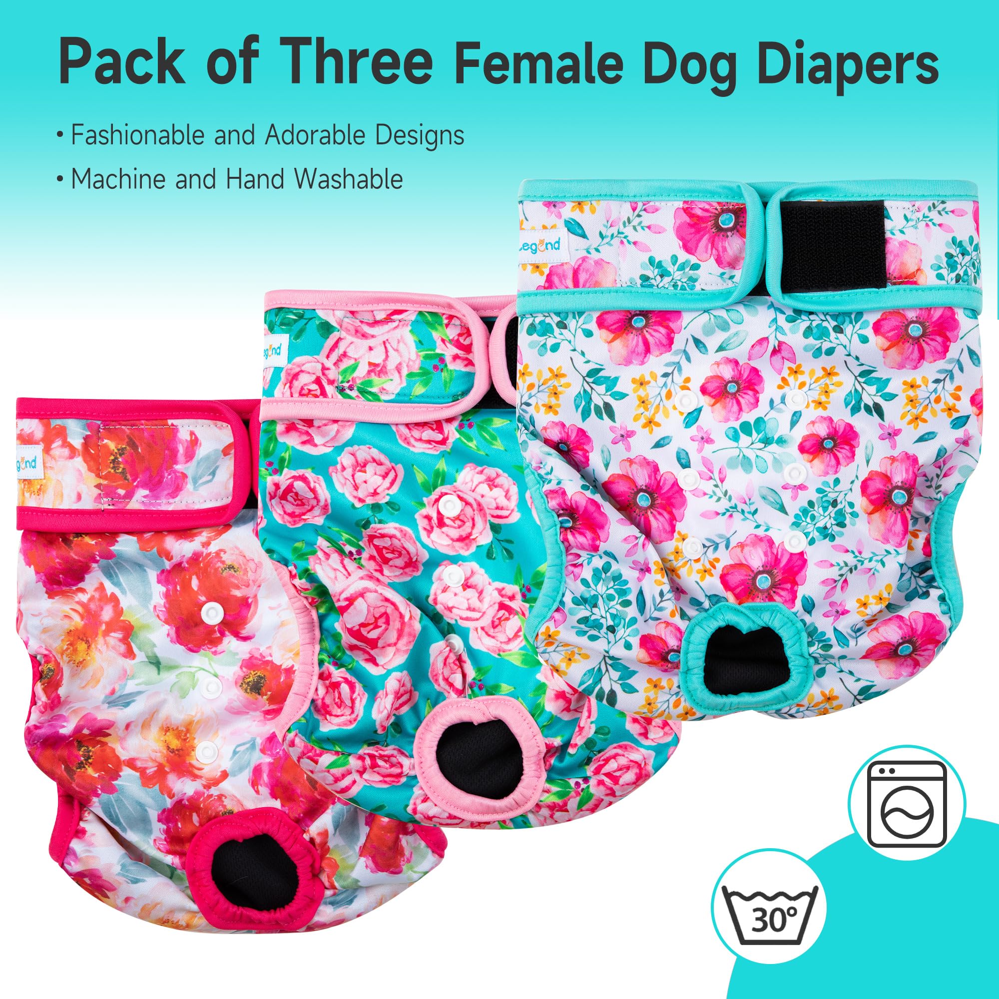 Paw Legend Washable Reusable Female Dog Period Diapers for Heat Doggie Puppy Diapers for Female Dogs (3 Pack, Small)