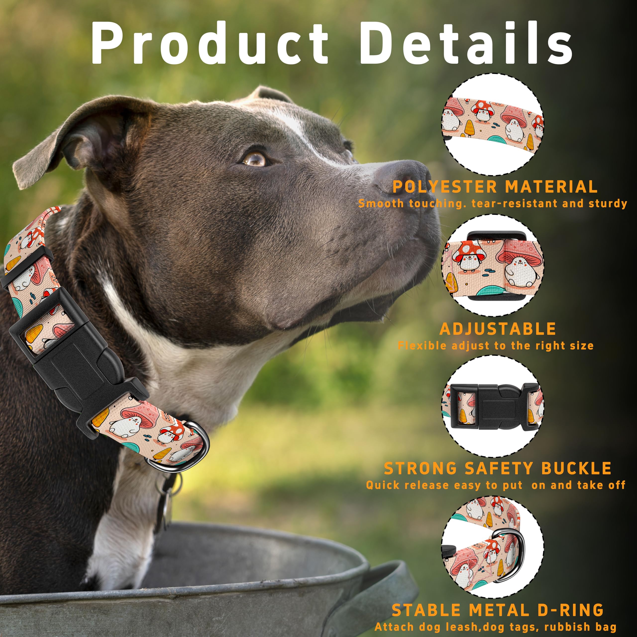 Seyezo Dog Collar, Cute Cartoon Mushroom Boys Girls Puppy Collar For Small Medium Large Dogs, Adjustable Soft Pet Collar With Sa