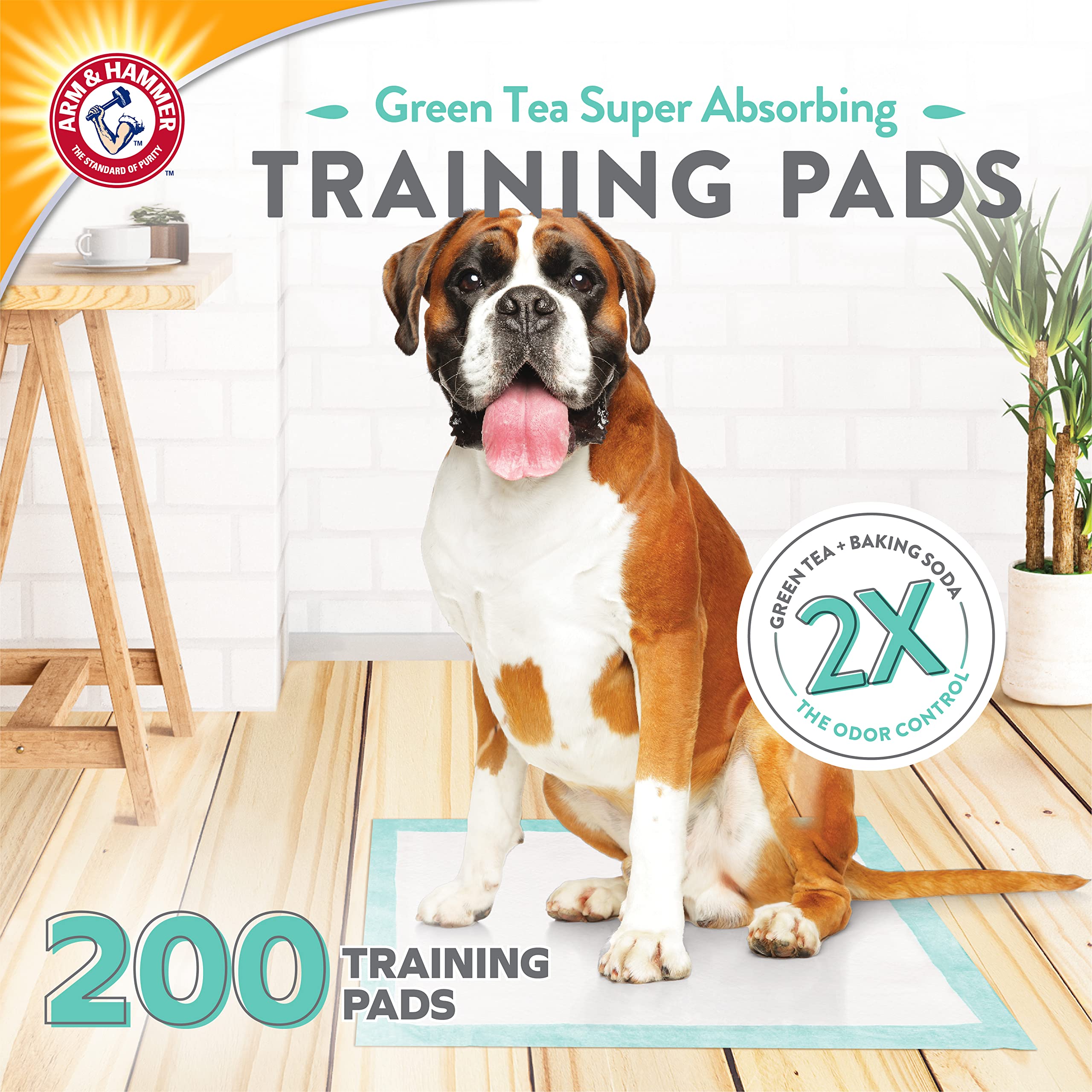 Arm&Hammer Green Tea Pet Training Pads 200Ct Dog Training Pads with Super Absorbing Green Tea and Arm&Hammer Baking Soda for 2X