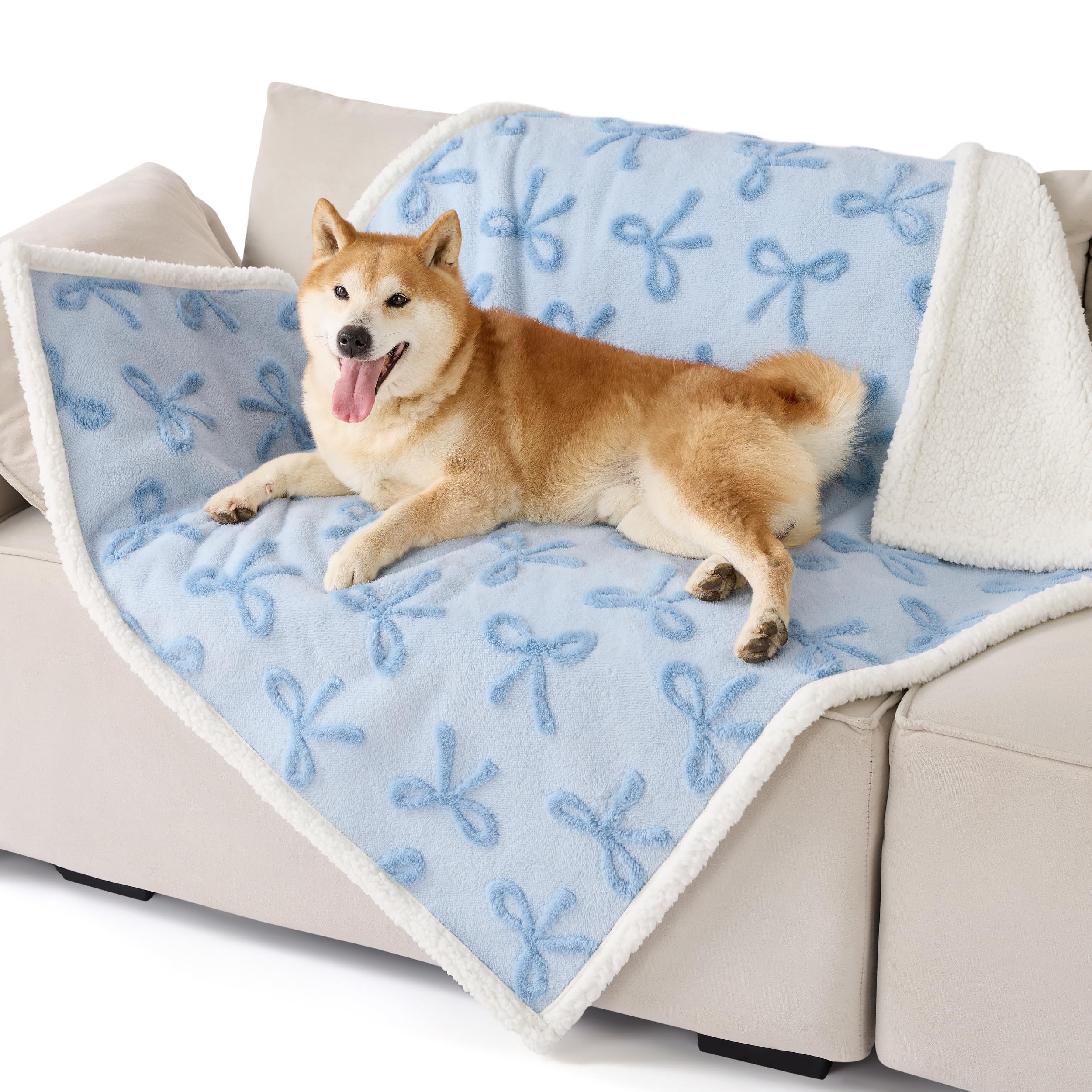 Lesure Waterproof Dog Blanket For Large Dogs - Washable Double Sided Dog Blankets With Warm Jacquard Shag And Soft Sherpa Fleece, Pet Cat Blanket For Couch Protection, 3D Textured Cloud, Blue