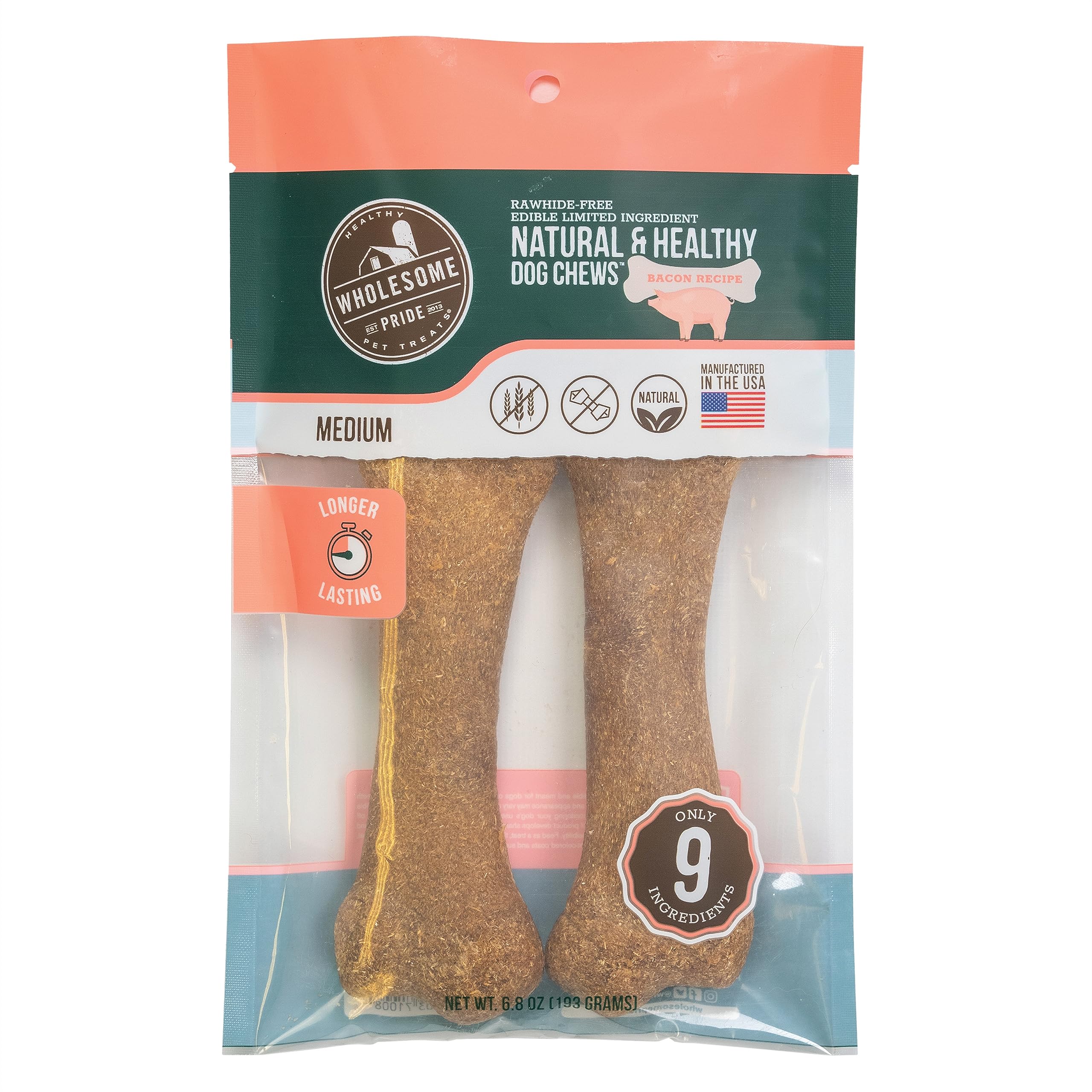 Wholesome Pride Natural & Healthy Dog Chews 2Pk for Medium Dogs, Bacon Flavor, Made in The USA
