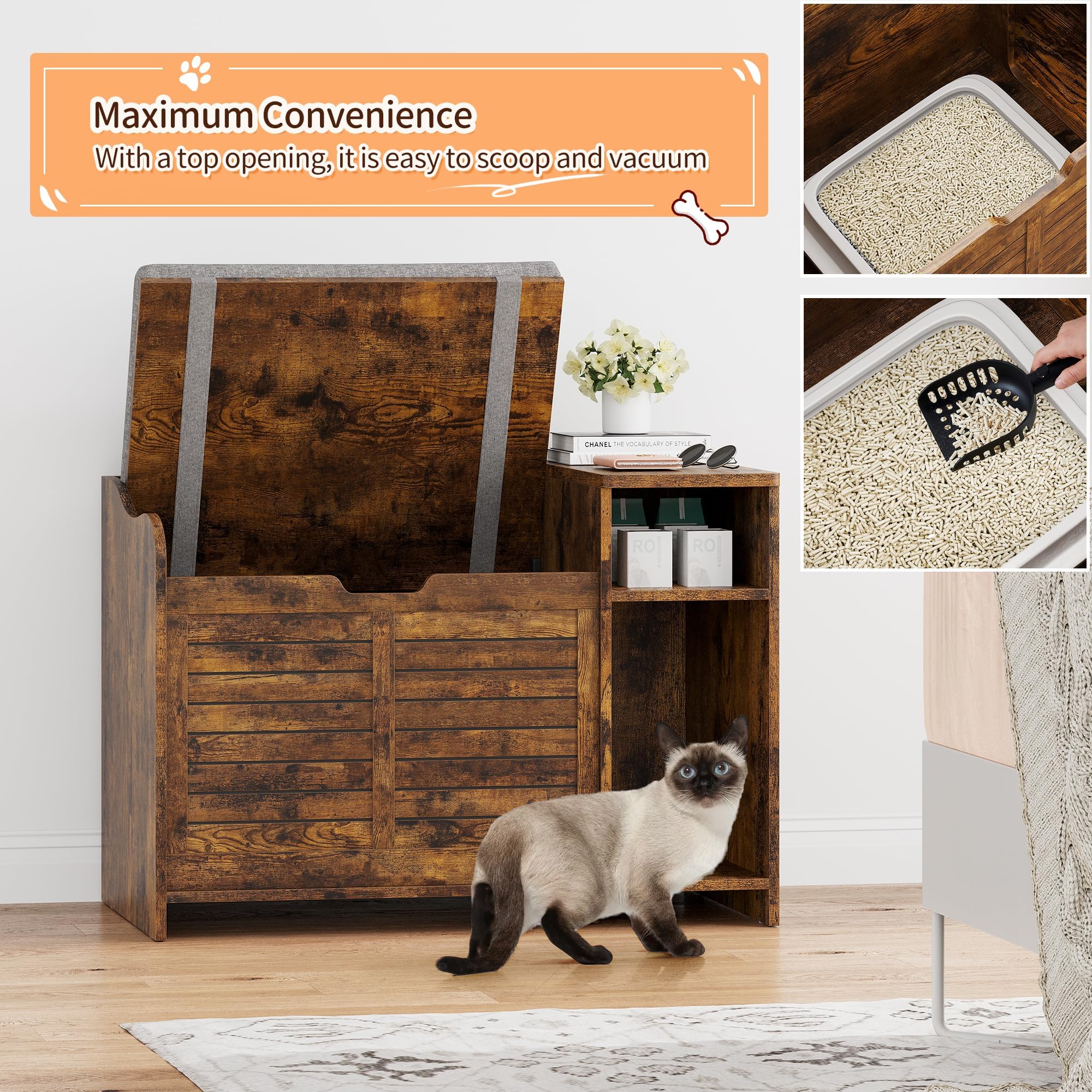 2-In-1 Litter Box Enclosure With Top Opening And Pad, Hidden Litter Box Furniture, Dog Proof, Storage, Wooden Cabinet, Easy To C