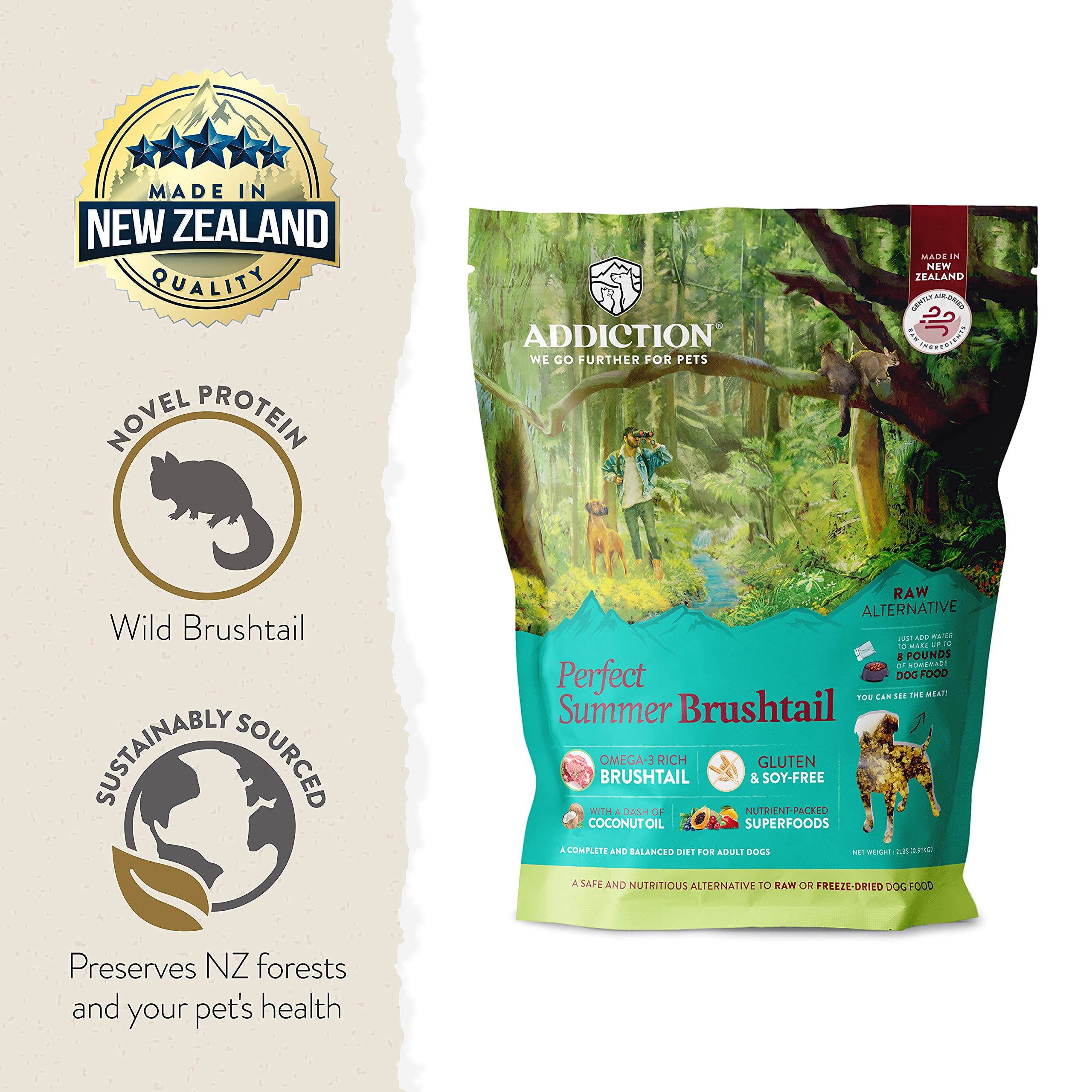 Addiction Perfect Summer Brushtail Air-Dried Grain-Free Dog Food - Complete Meal or Topper with Natural Ingredients for Digestiv