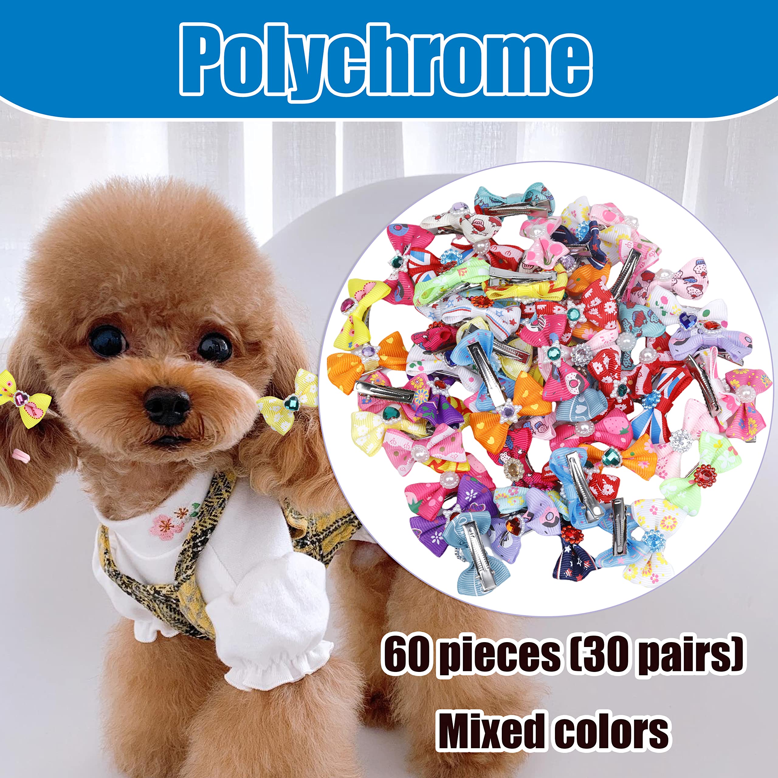 60Pcs Puppy Dogs Hair Barrettes Bows With Metal Clips,Rhinestone Tiny Christmas Bowknot Hair Bows Hair Topknot Hair Clips For Cat Puppy Party Birthday ,Handmade Hair Accessories Pet Grooming