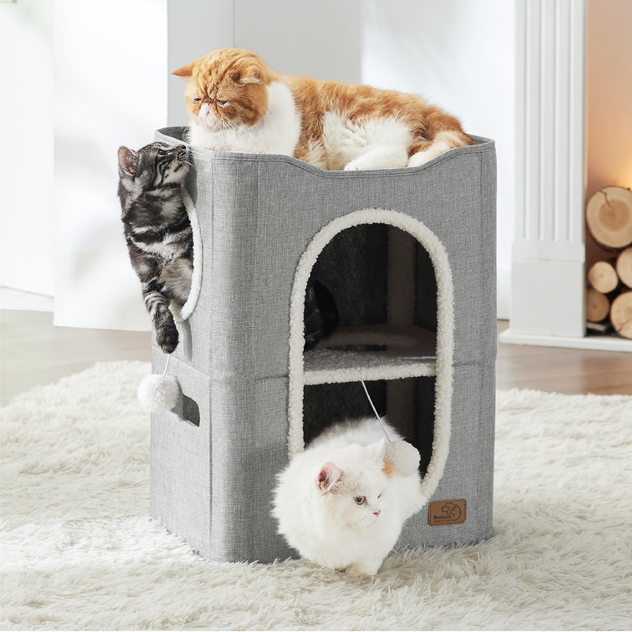 Bedsure 2-Level Cat House For Indoor Cats - Small Cat Towers With Scratch Pad And Hideaway Condo, Cat Cave Bed Furniture For Multi Pets And Large Cats, 18X14X23 Inches, Grey