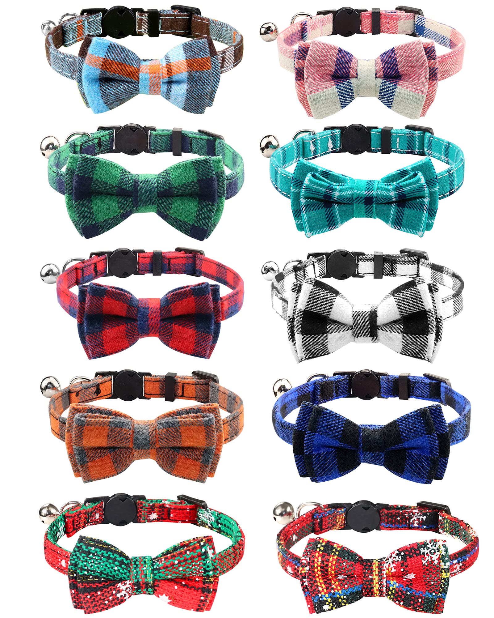 Joytale Breakaway Cat Collar with Bells & Bow Tie, Haze Blue, 7-11'' Safety Plaid Kitten Collar for Boys & Girls, 1 Pack