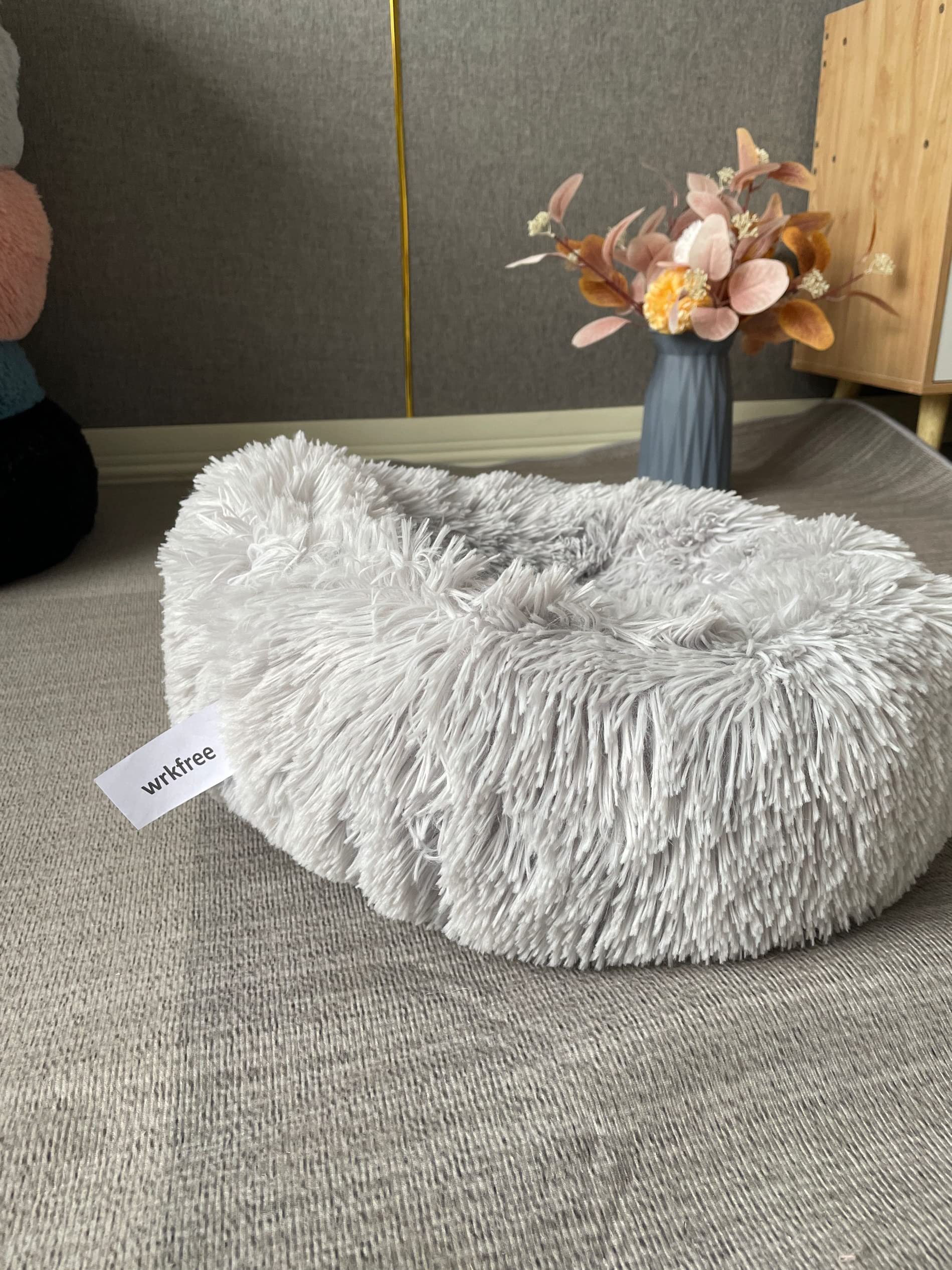 wrkfree Grey Tiny Dog Bed - Fluffy Washable Donut Design, Anti-Slip, XXS (15x15) for Puppies and Small Dogs