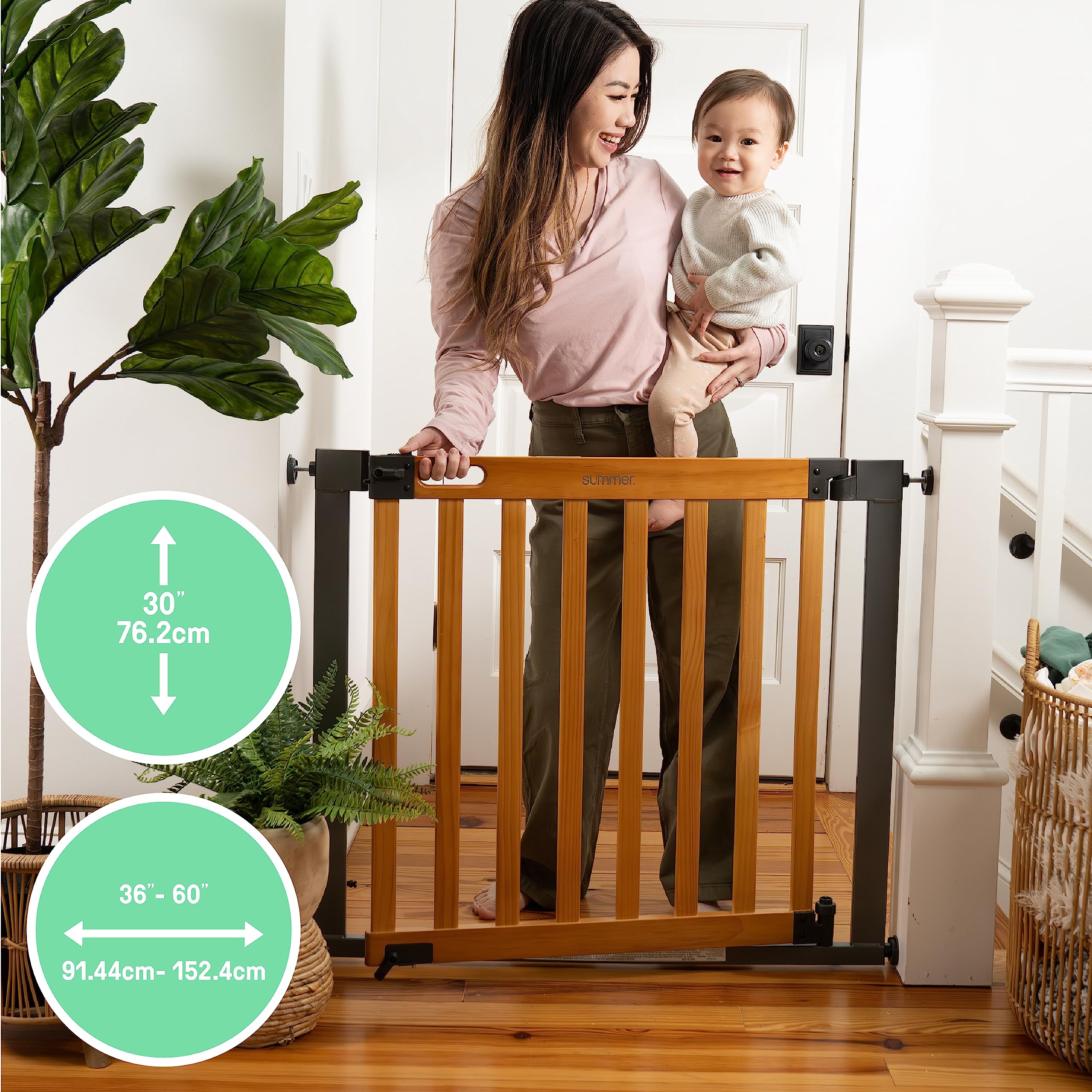 Summer Infant West End Extra Wide Safety Pet And Baby Gate, 36'-60' Wide, 30' Tall, Pressure Or Hardware Mounted, Install Wall To Wall In Doorway, Auto Close Walk-Thru Door - Oak Wood And Metal