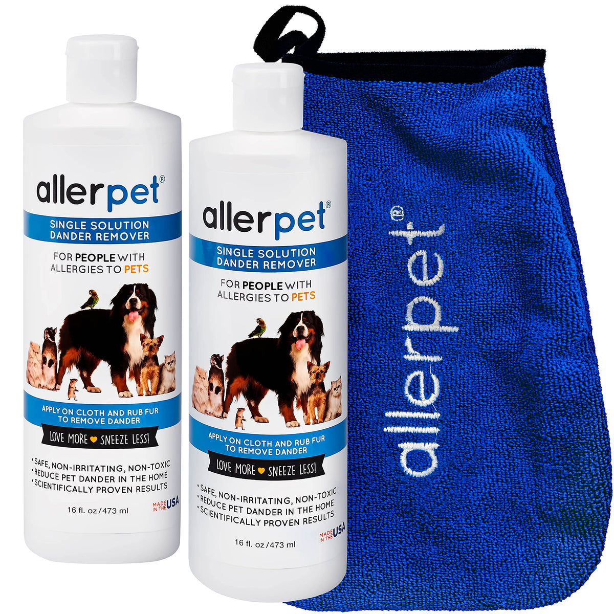 Allerpet Single Solution 16 Fl Oz Bottle Dander Remover For Pets (2 Pack) - Relieves Allergies - Bonus Mitt To Easily Apply Solution To Your Pet