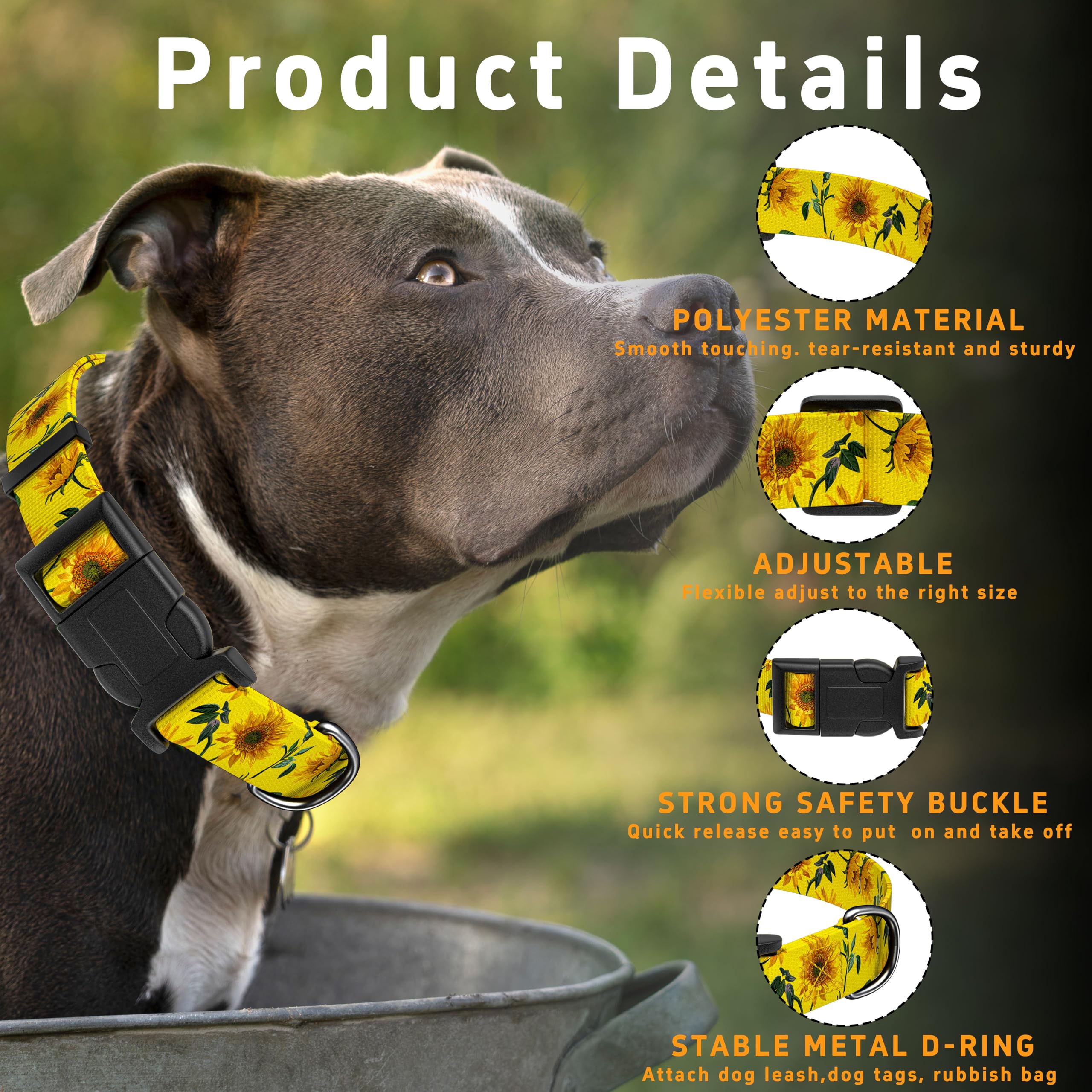 Seyezo Dog Collar, Floral Puppy Collar For Small Medium Large Dogs, Adjustable Soft Sunflower Pet Collar With Safety Buckle For